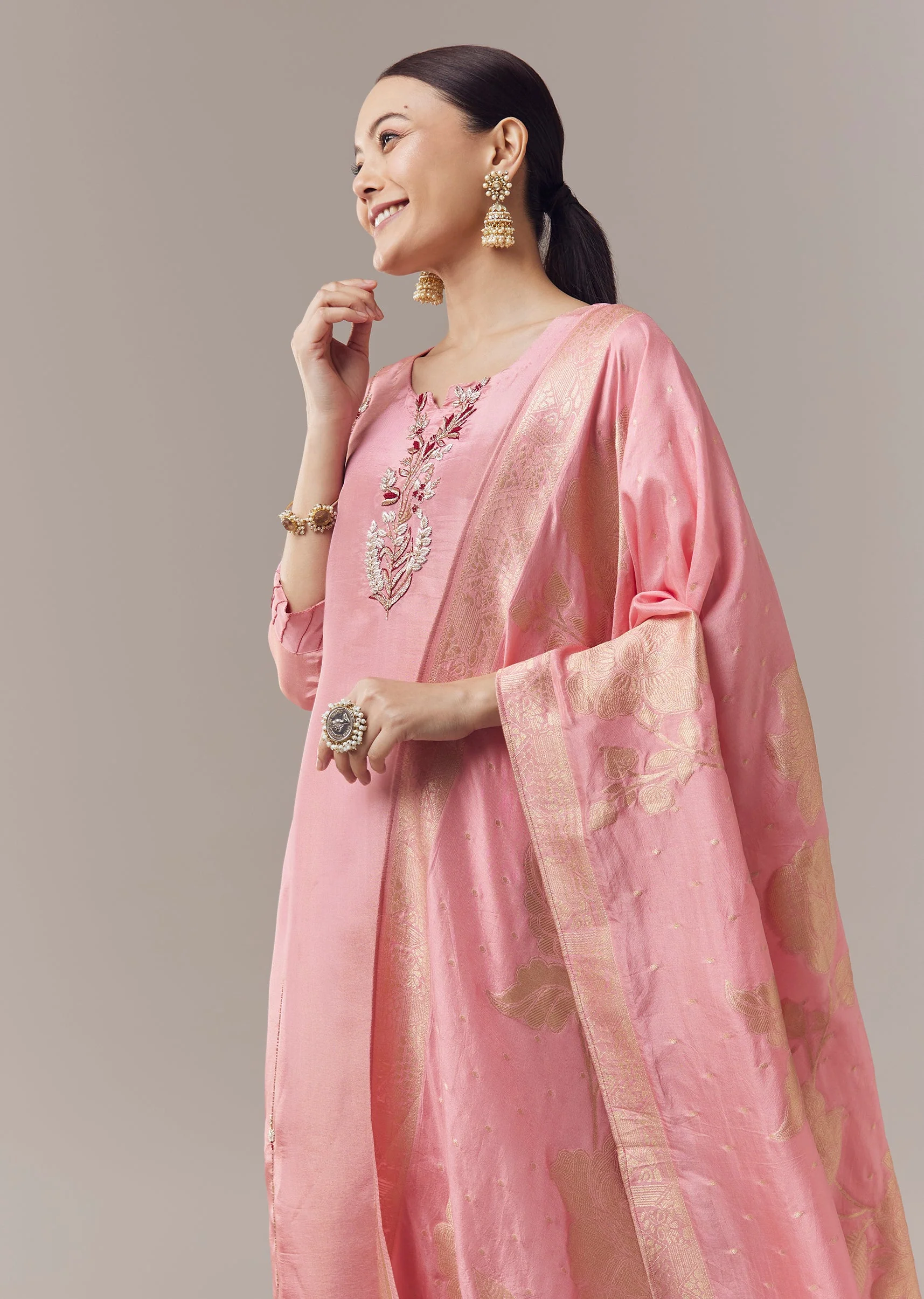Pink Anarkali Suit With Zardosi Work And Dupatta - Image 4