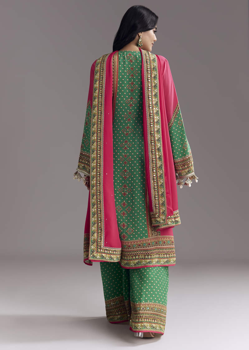 Pink And Green Printed Kurta Palazzo Set - Image 6