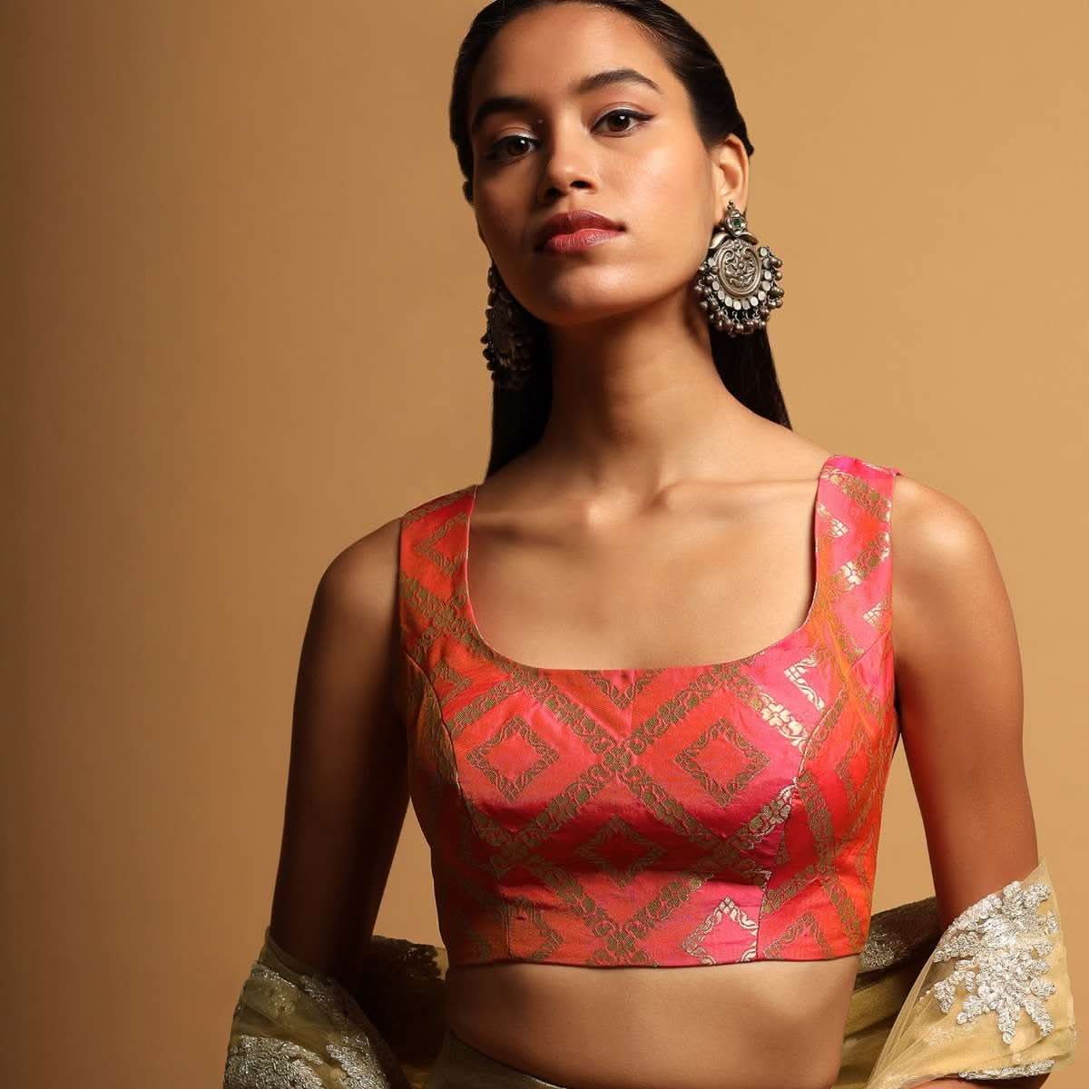 Pink And Orange Two Toned Sleeveless Blouse In Brocade Silk With Woven Mesh Design Online - Kalki Fashion - Image 2