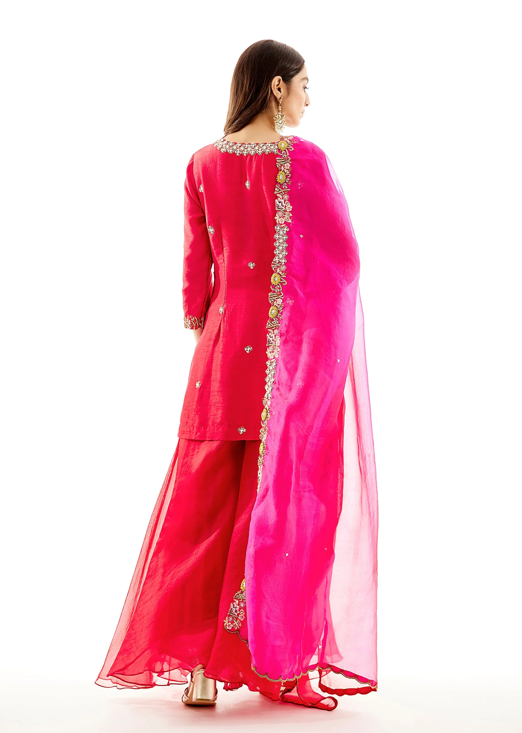 Pink Art Silk Palazzo Set With Zardosi Embroidered Yoke And Dupatta Set - Image 5