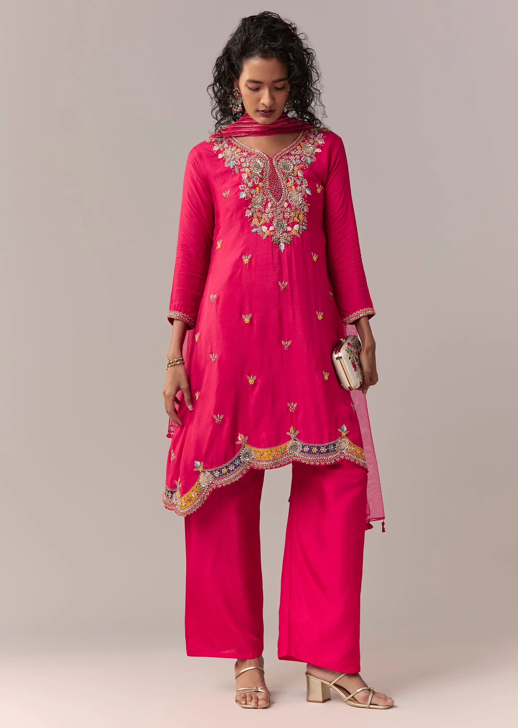 Pink Asymmetric Short Anarkali Set With Dupatta - Image 3