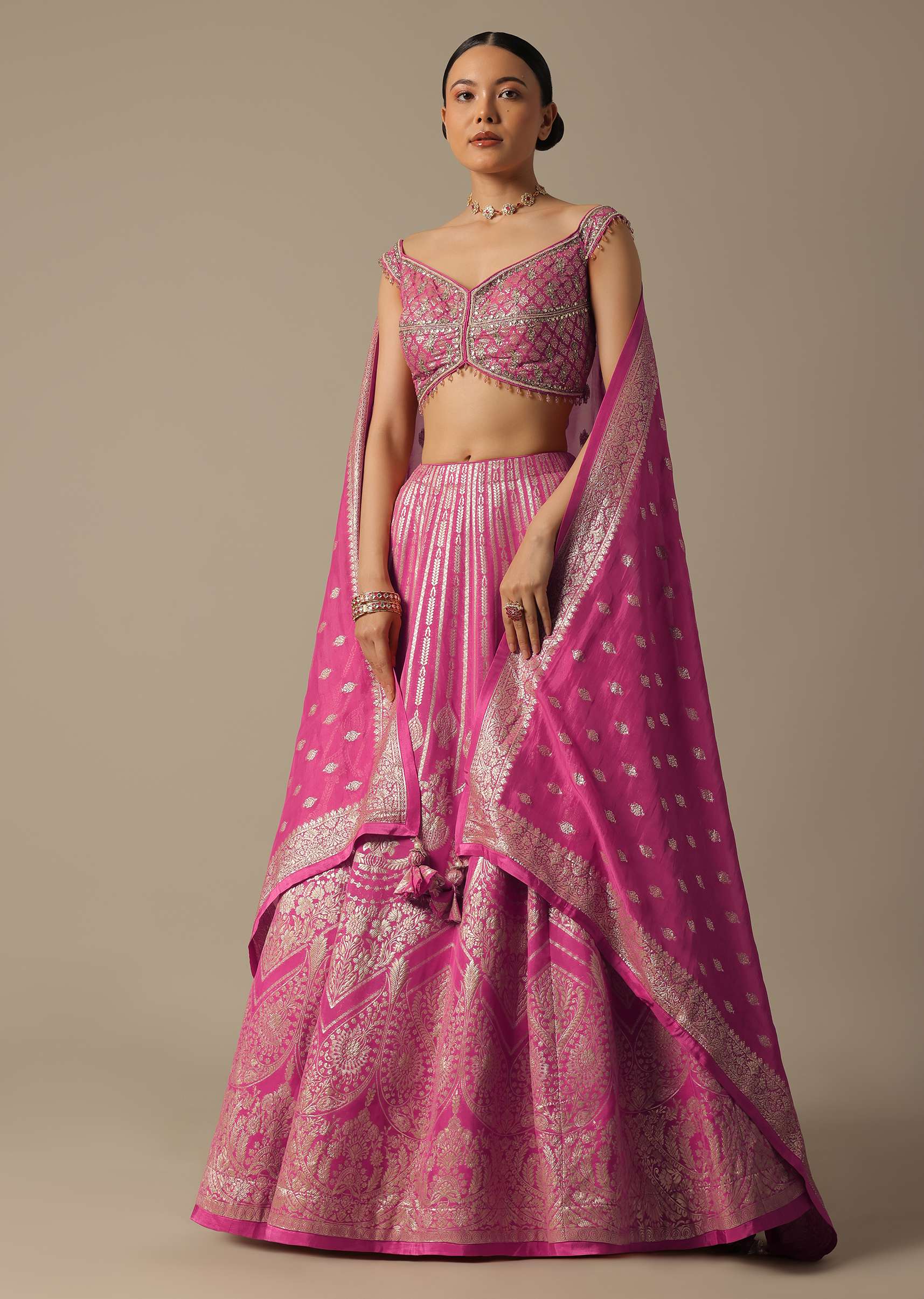 Pink Banarasi Silk Lehenga Set With Gota Patti - Image 6