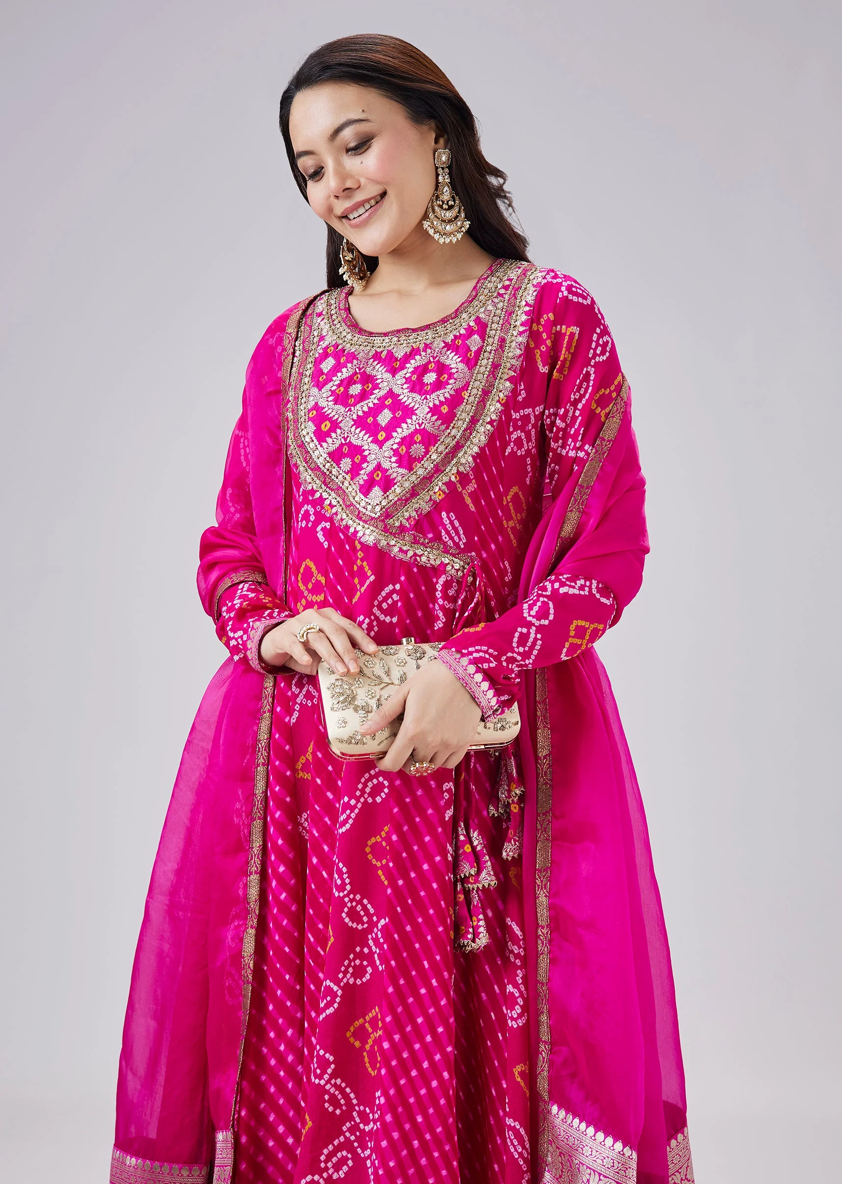 Pink Bandhani And Leheriya Print Angrakha Suit Set - Image 4