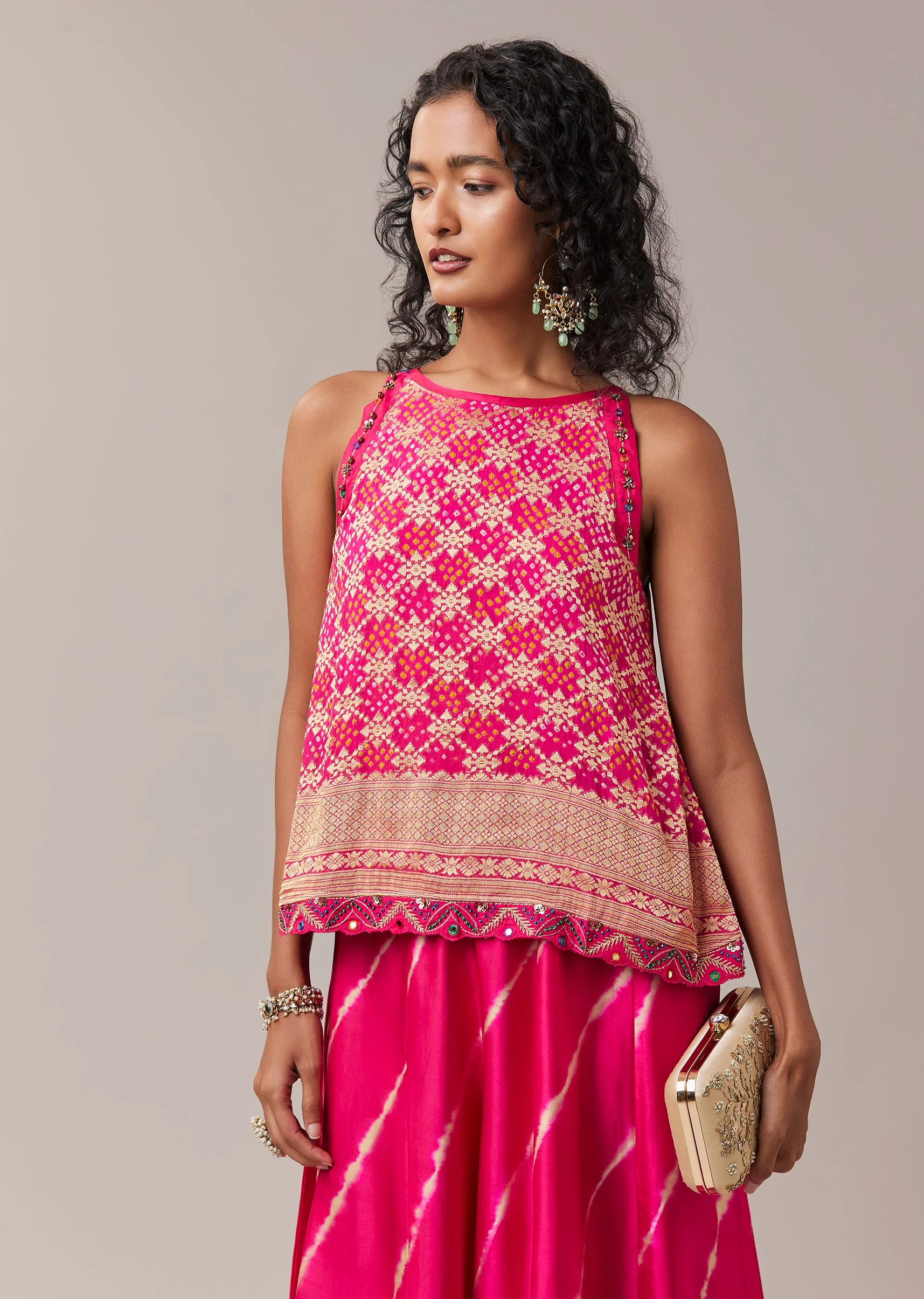 Pink Bandhani Banarasi Georgette Top and Leheriya Pant Set - Image 4