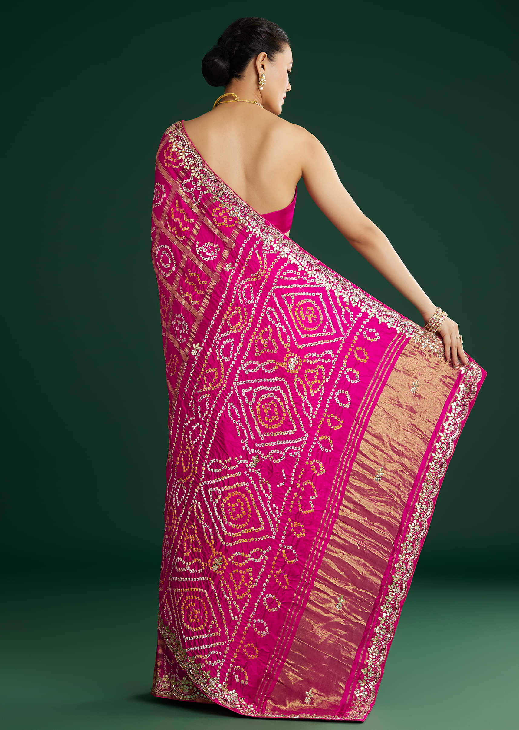 Pink Bandhani Saree With Gota Work - Image 4