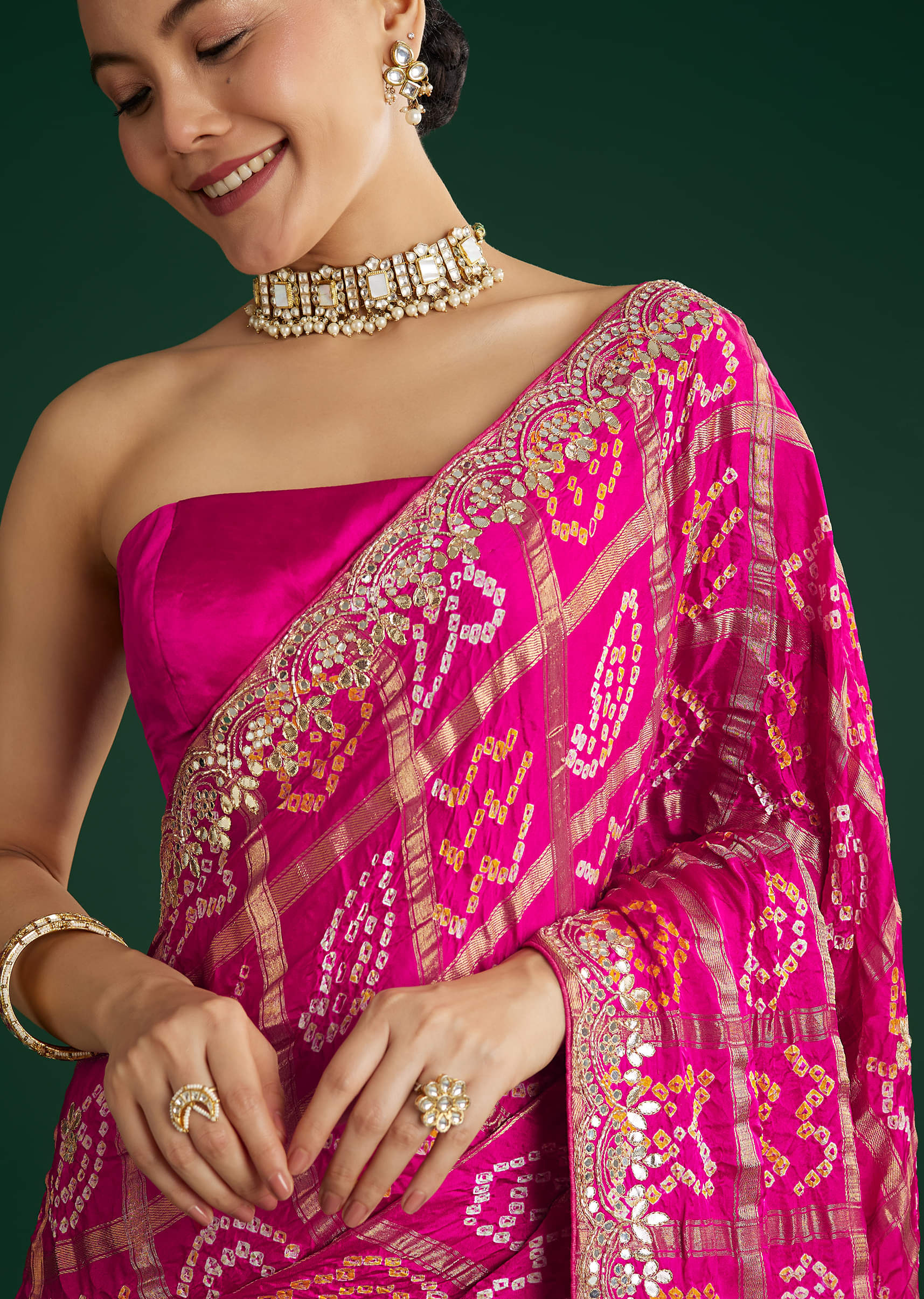 Pink Bandhani Saree With Gota Work - Image 5