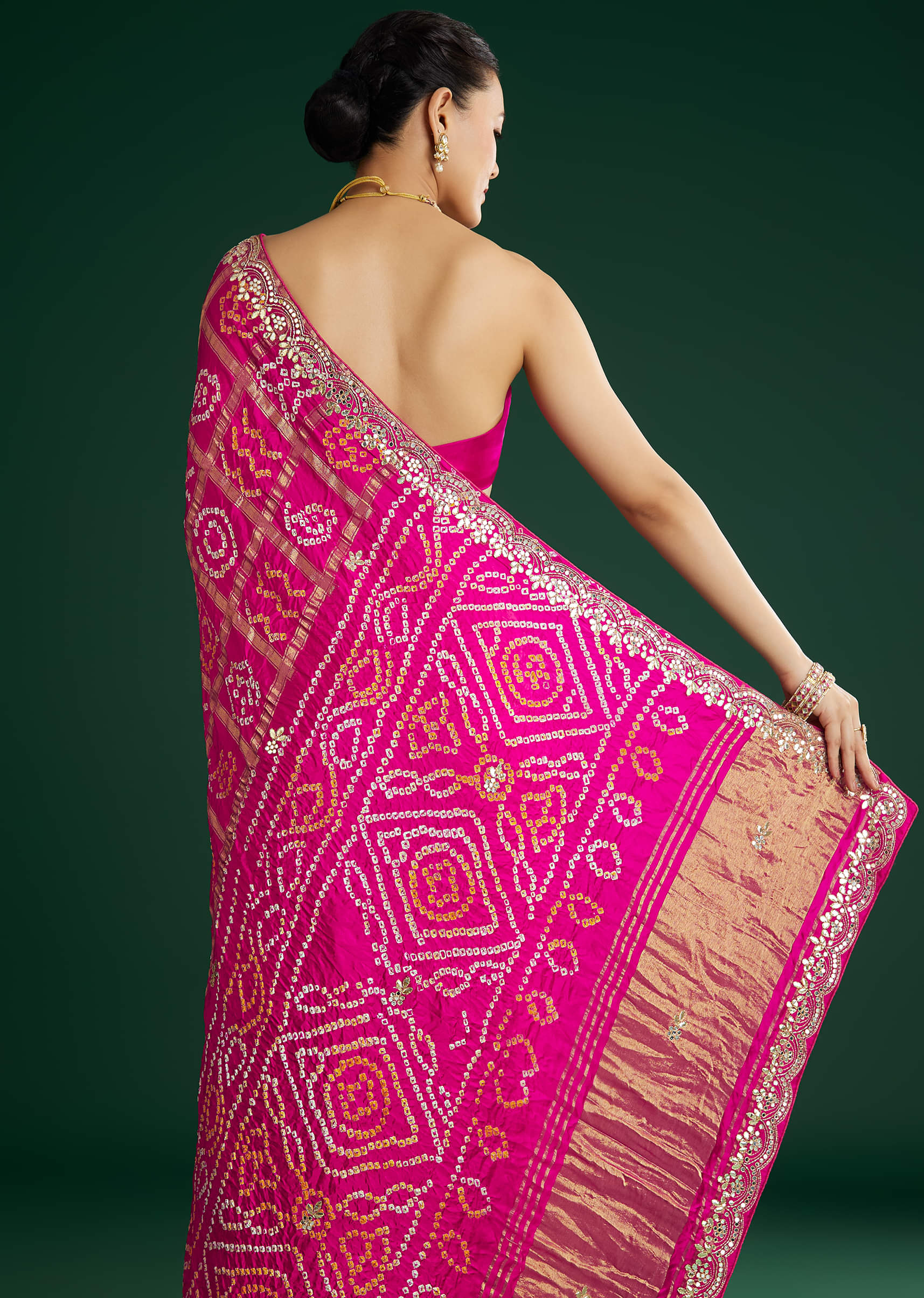 Pink Bandhani Saree With Gota Work - Image 6