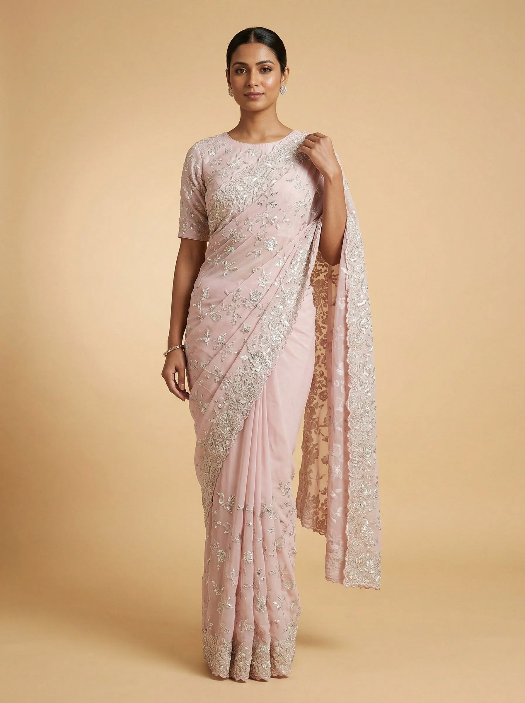 Pink Blossomed Embroidered Saree