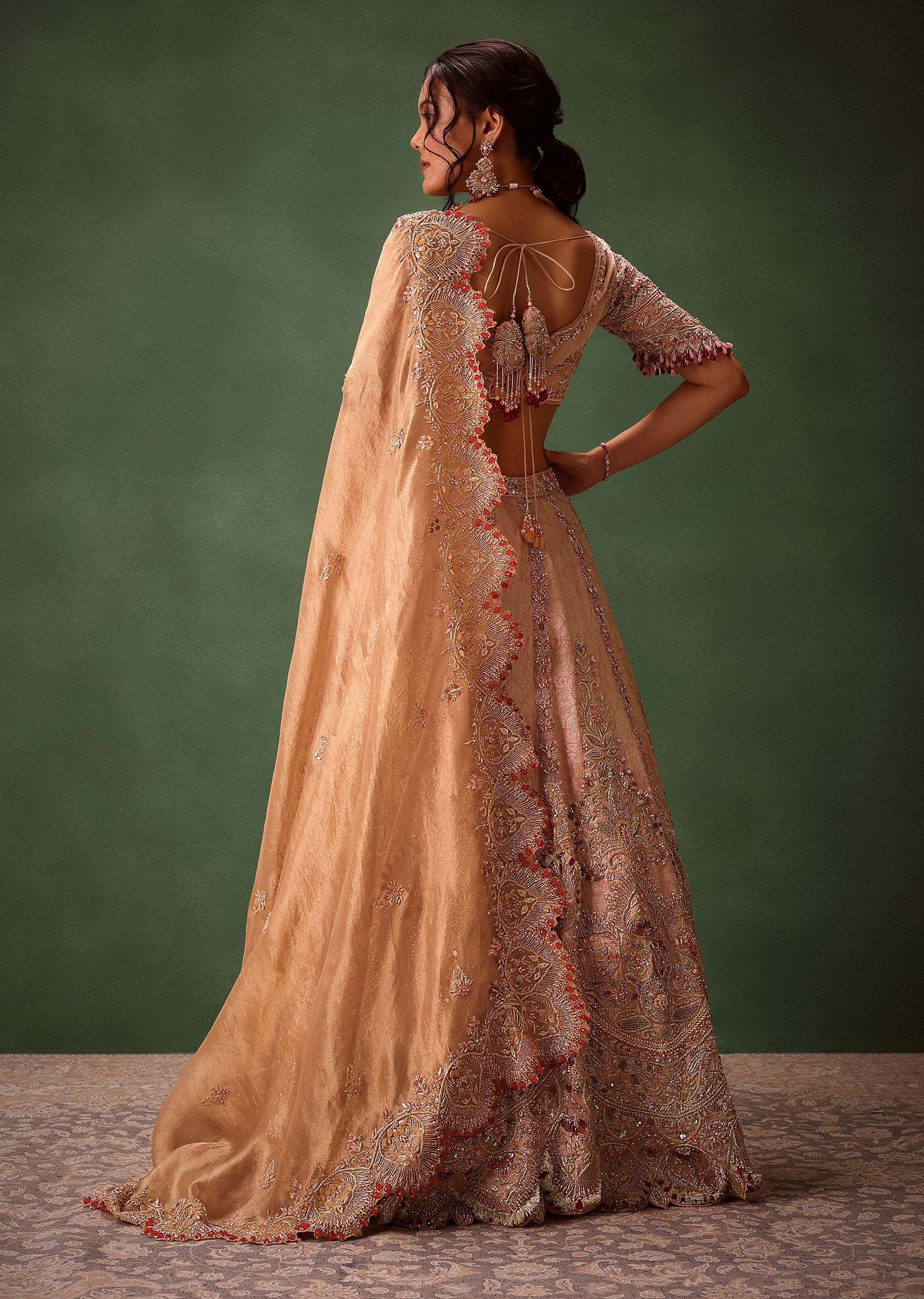 Pink Brocade Velvet Lehenga Choli With Two Scallop Dupattas - Image 5