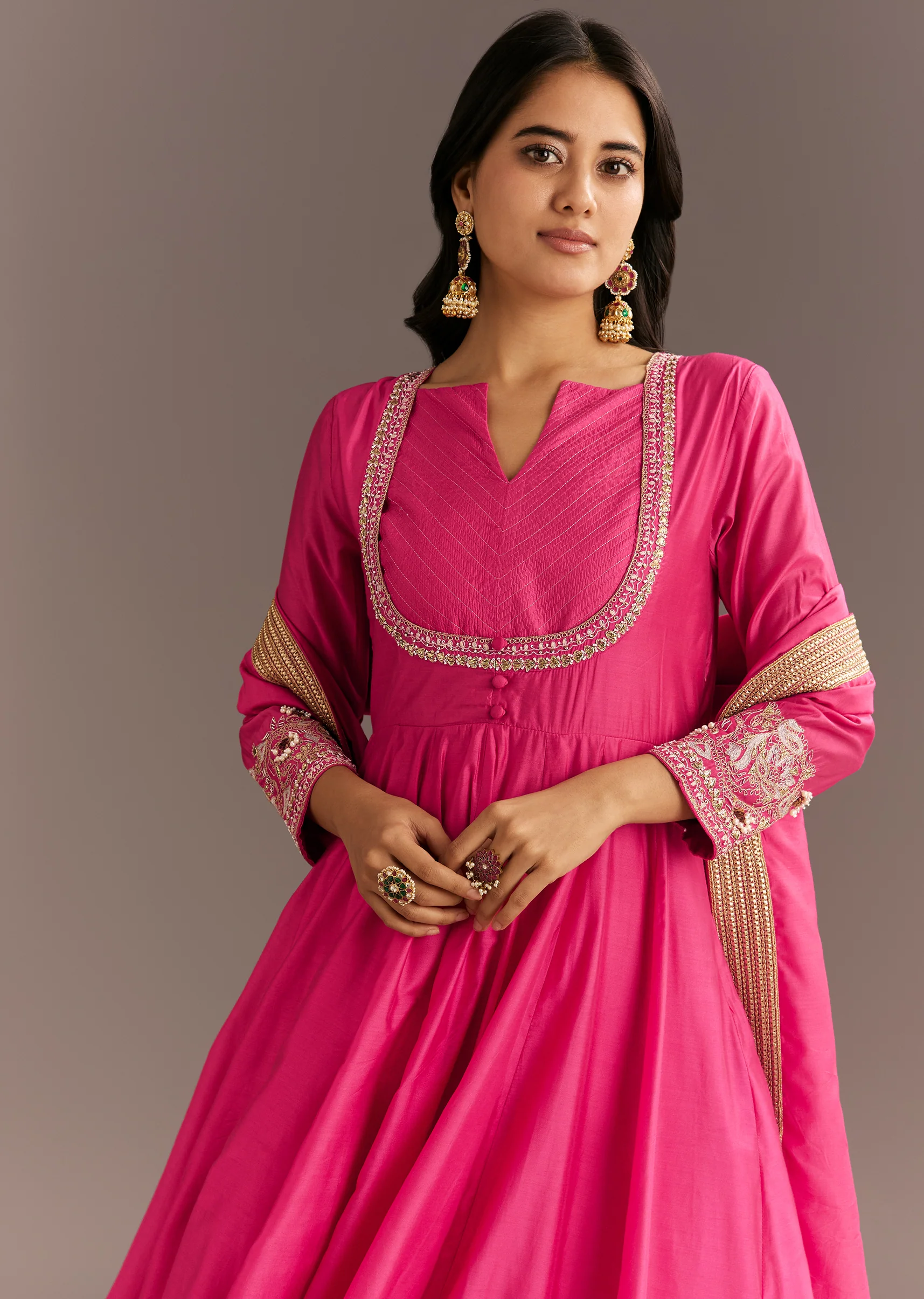 Pink Chanderi Anarkali With Gotta Moti Neckline And Lace Dupatta - Image 4