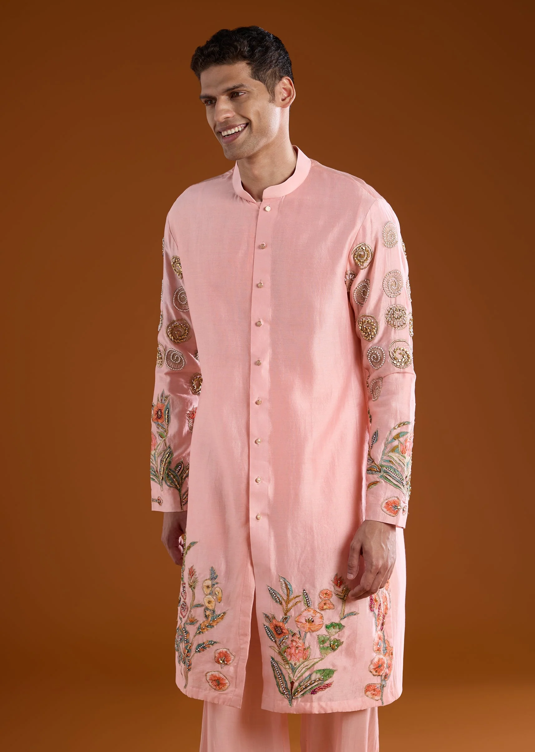 Pink Chanderi Embroidered Mens Kurta Pant Set - Image 4