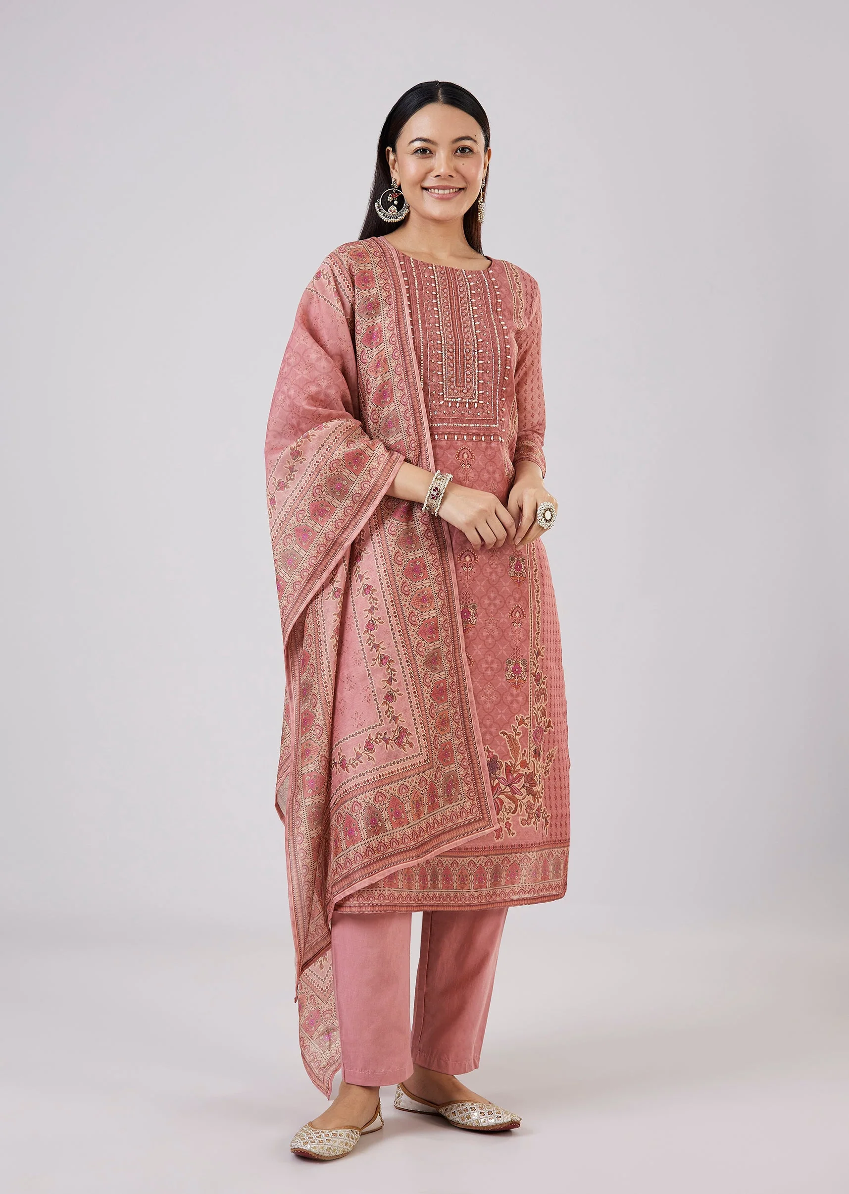 Pink Chanderi Kurta Set With Embellished Work