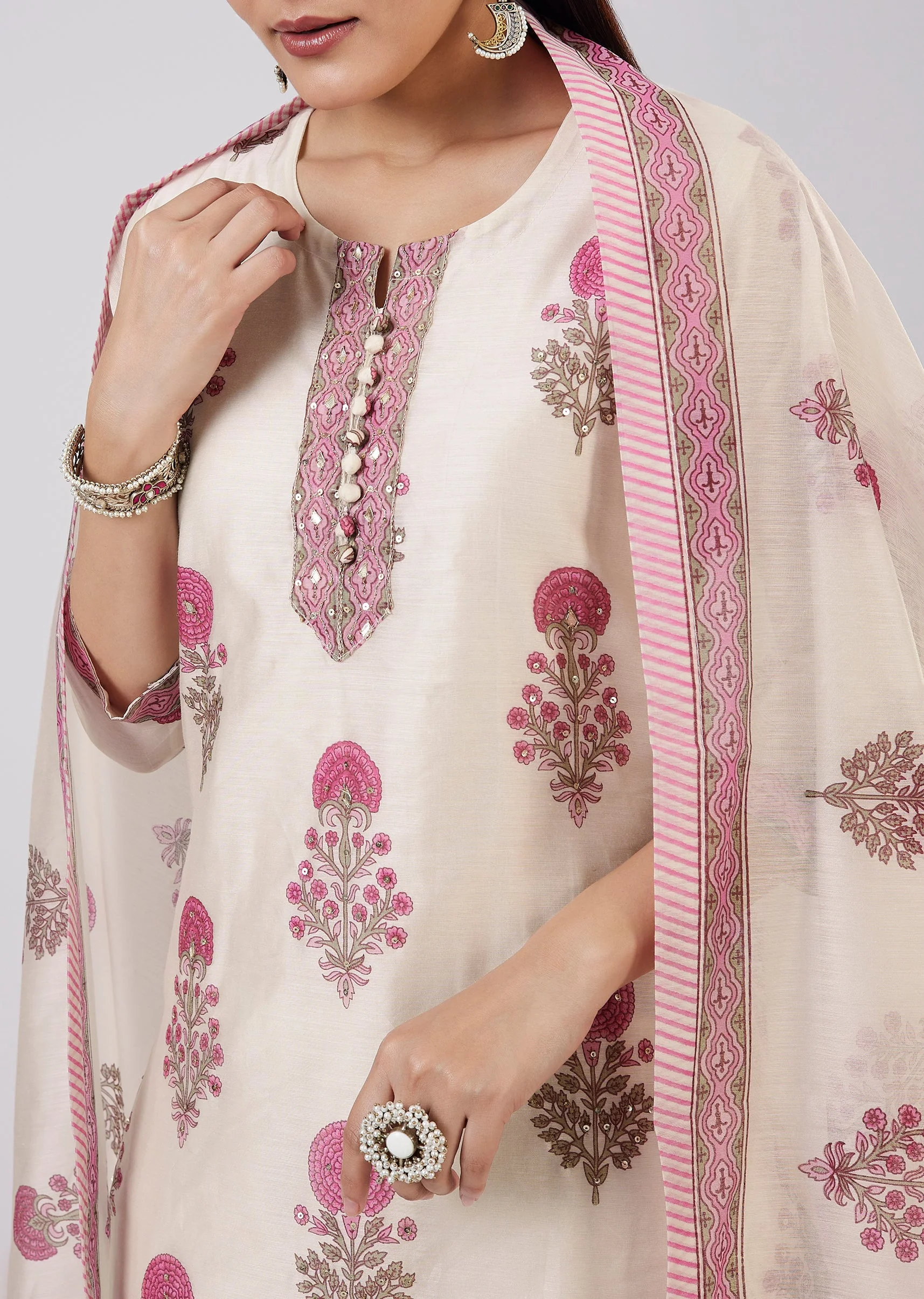 Pink Chanderi Kurta Set With Hand Block Print And Zari Work - Image 2