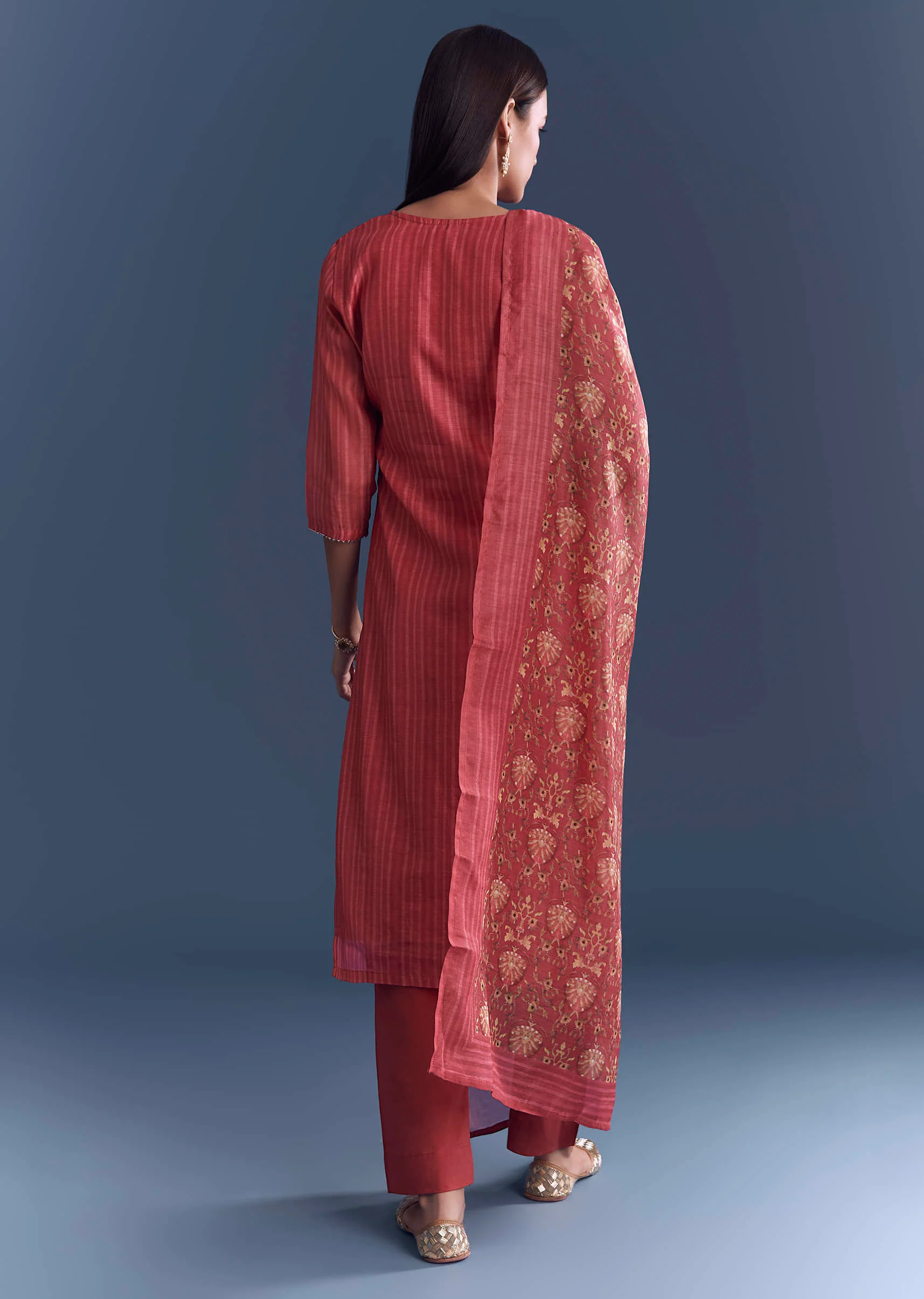 Pink Chanderi Kurta Set With Stripe Print And Gota Work - Image 5