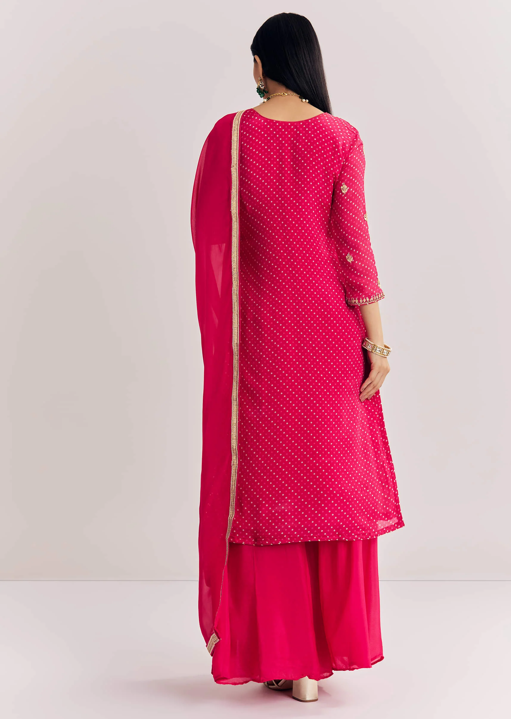 Pink Chinon Bandhani Palazzo Suit - Image 5