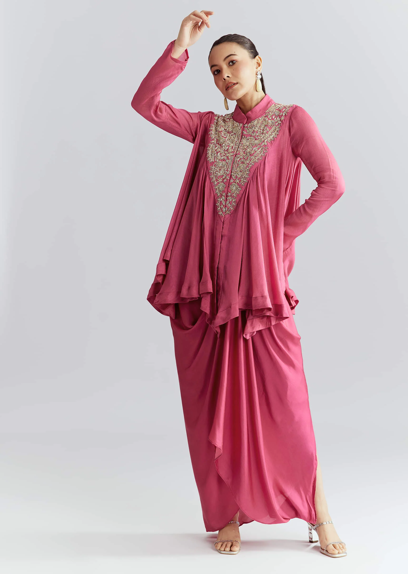 Pink Chinon Indo Western Set With Zardosi Work - Image 3