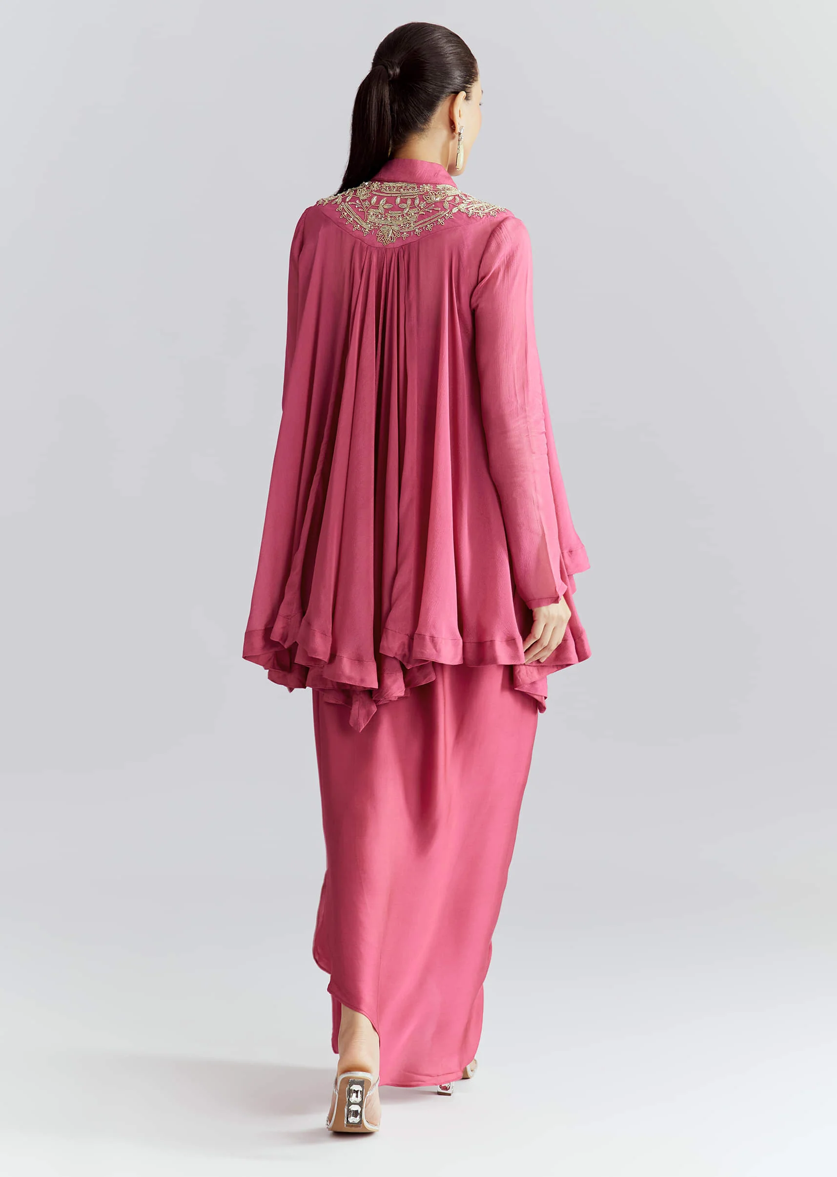 Pink Chinon Indo Western Set With Zardosi Work - Image 5