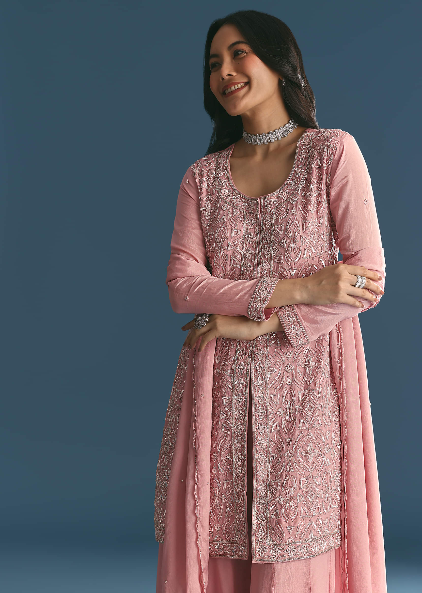 Pink Chinon Kurta Palazzo Suit With Cutdana And Sequins - Image 3