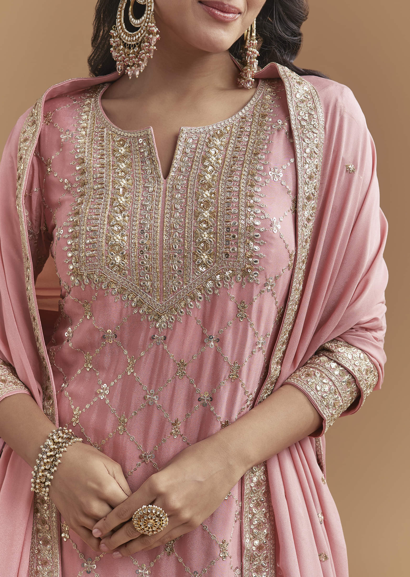 Pink Chinon Palazzo Suit With Intricate Hand Work - Image 2