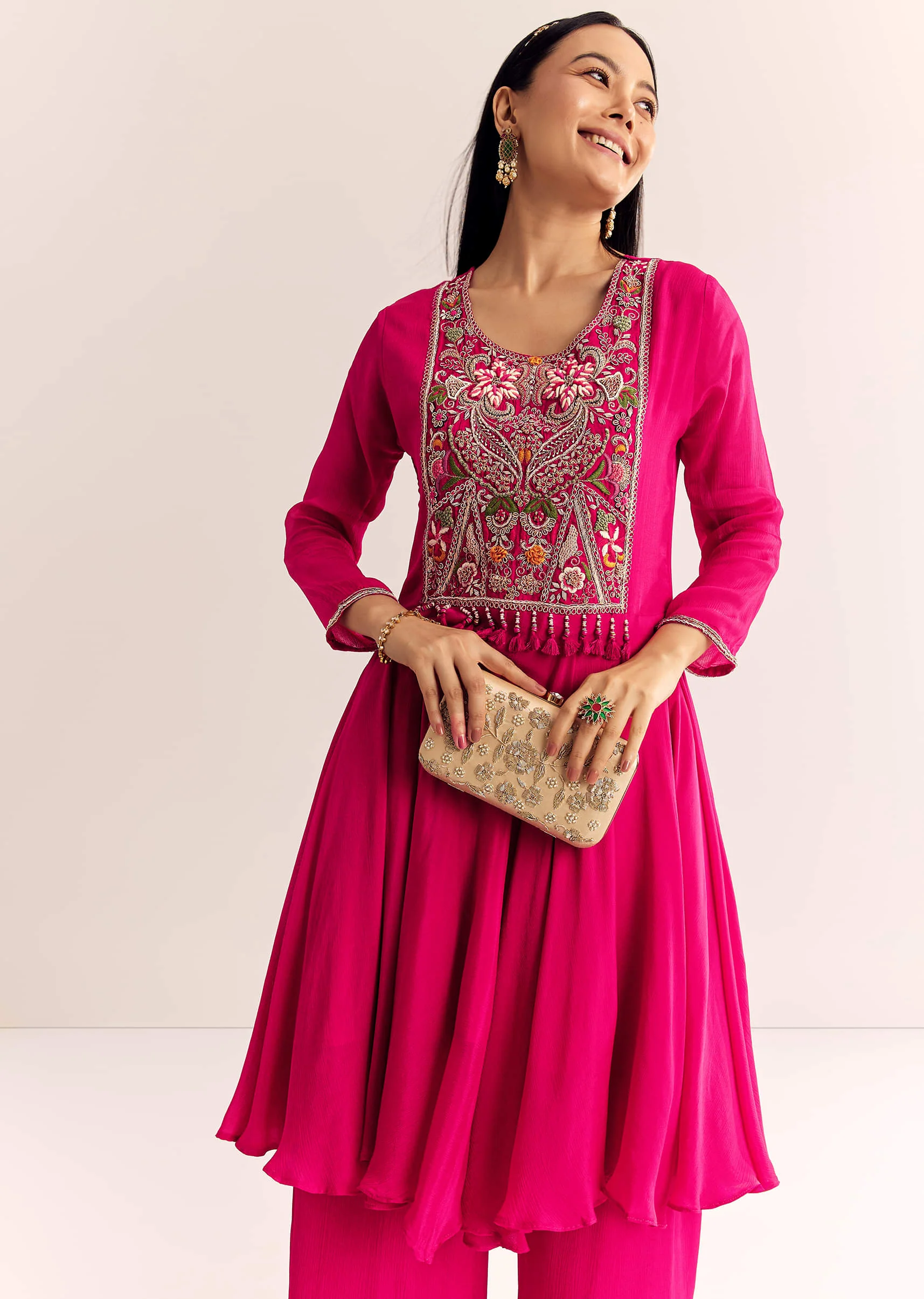 Pink Chinon Zardosi Work Kurta Palazzo Suit - Image 4