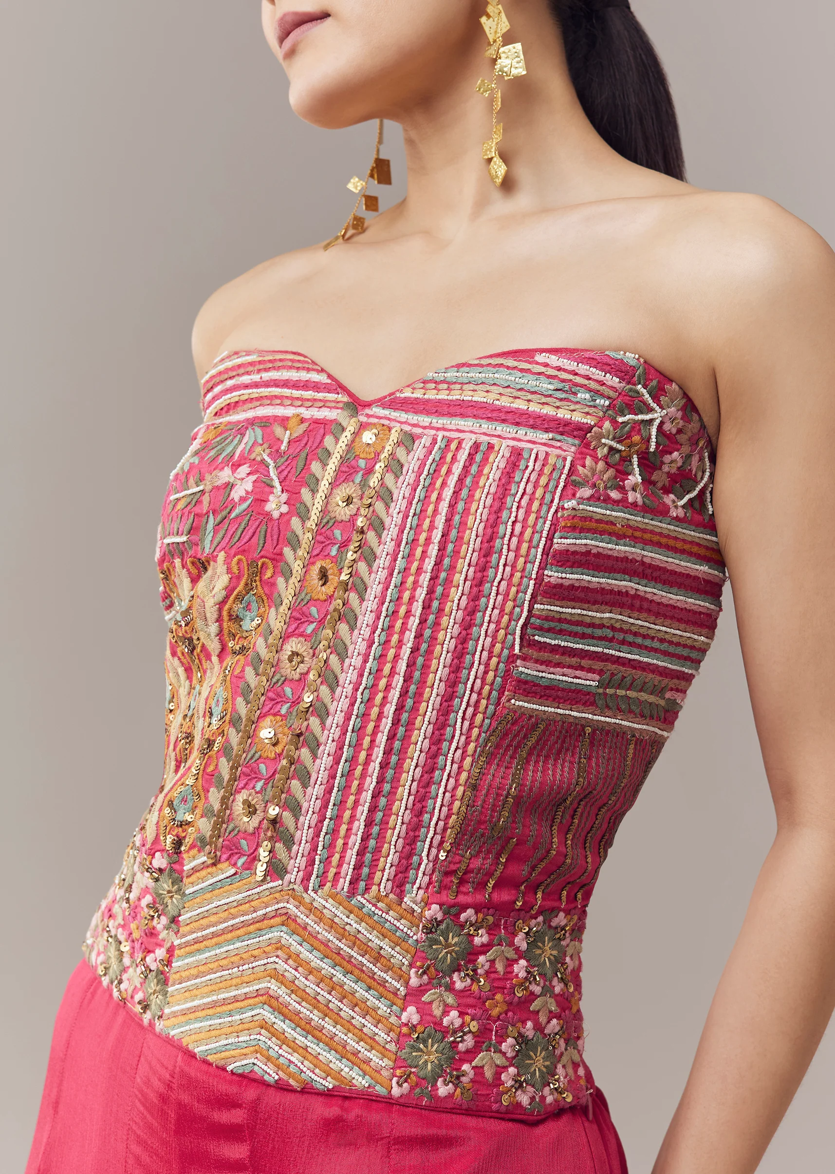Pink Corset Crop Top And Pants Set With Thread And Sequins Work - Image 2