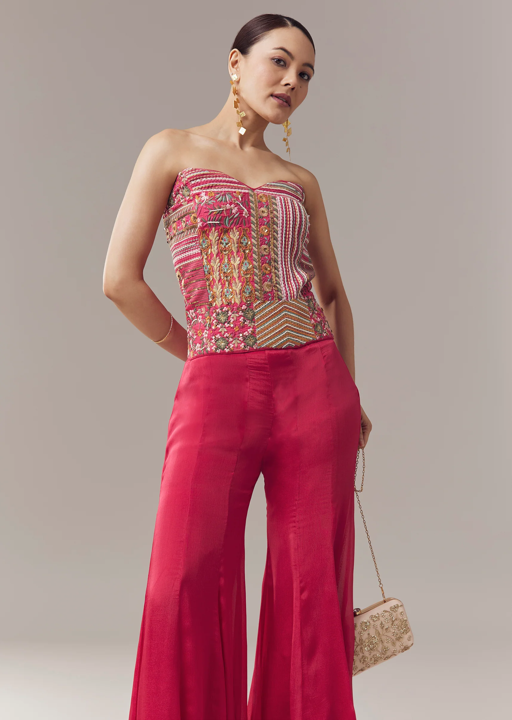 Pink Corset Crop Top And Pants Set With Thread And Sequins Work - Image 4