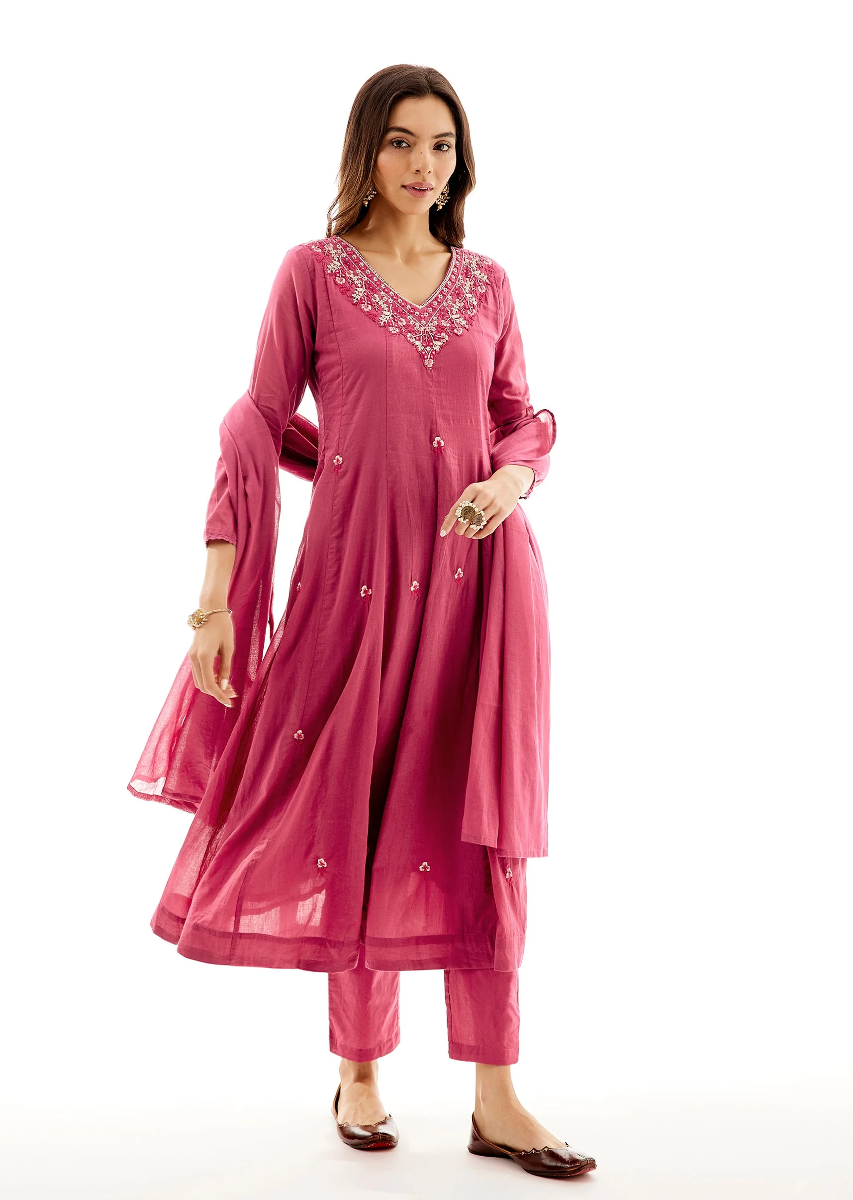 Pink Cotton Anarkali With Thread And Cutdana Work