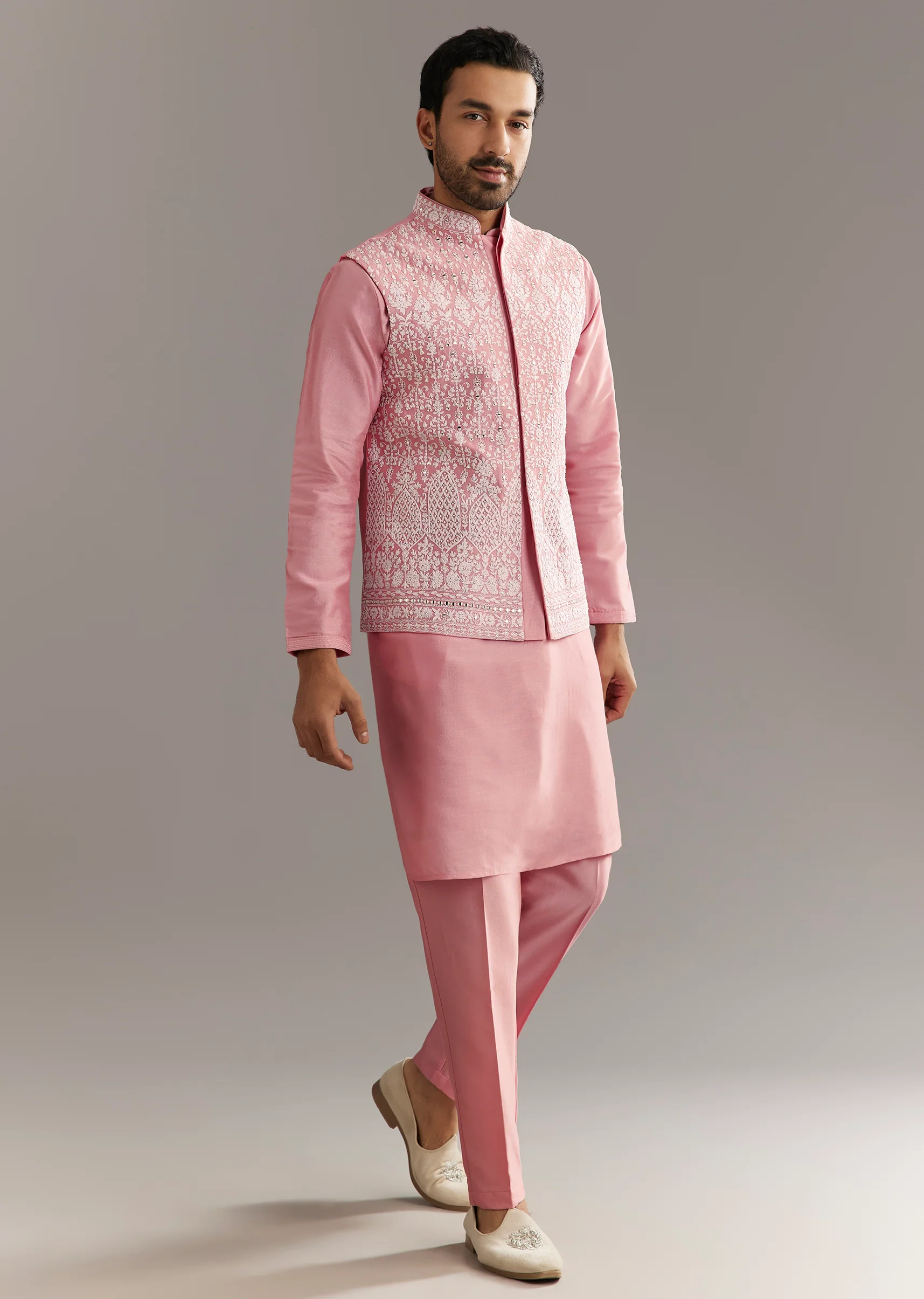 Pink Cotton Silk Jacket Kurta Set With Mirror And Dori Work - Image 3