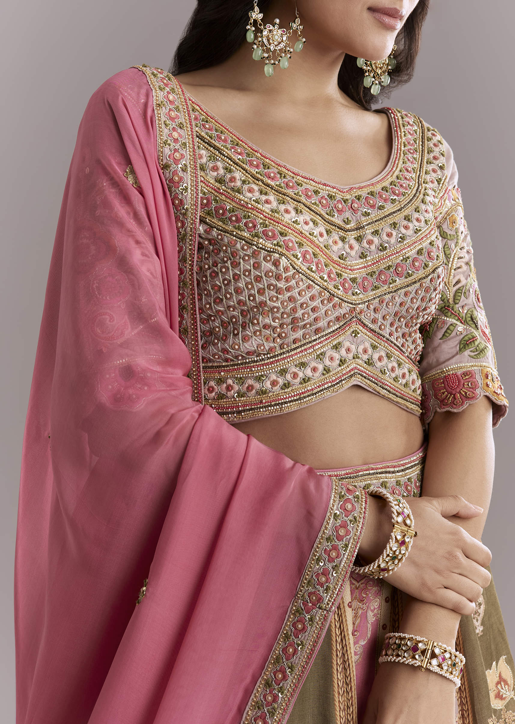 Pink Crepe Printed Bridesmaid Lehenga With Gotta Work - Image 3