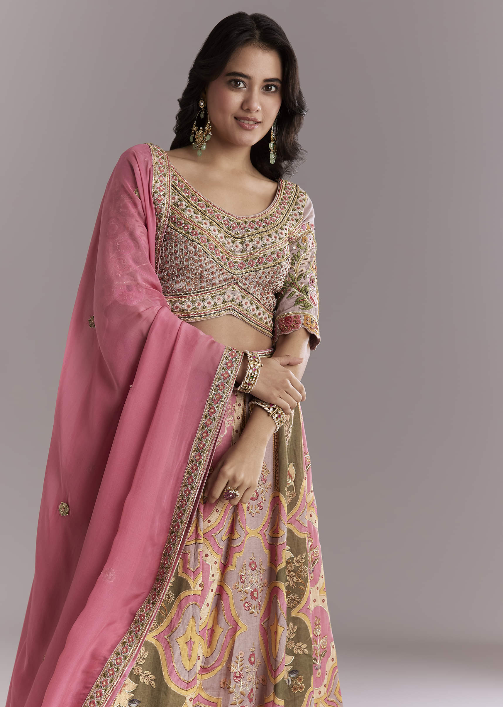 Pink Crepe Printed Bridesmaid Lehenga With Gotta Work - Image 5