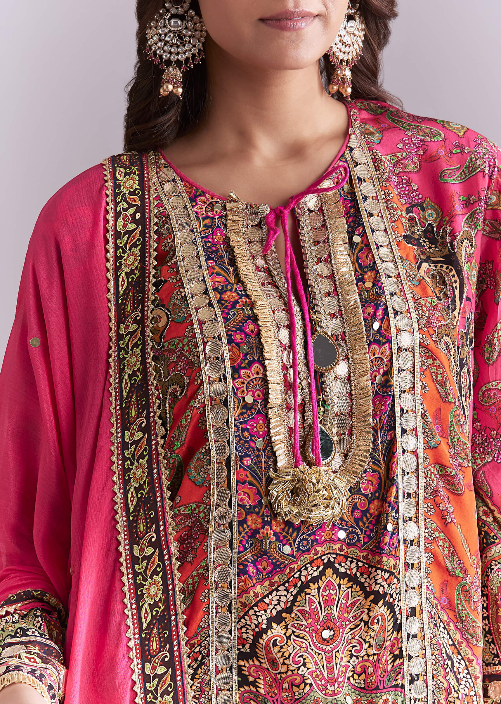 Pink Crepe Printed Sharara Suit With Gota Detail And Potli - Image 2
