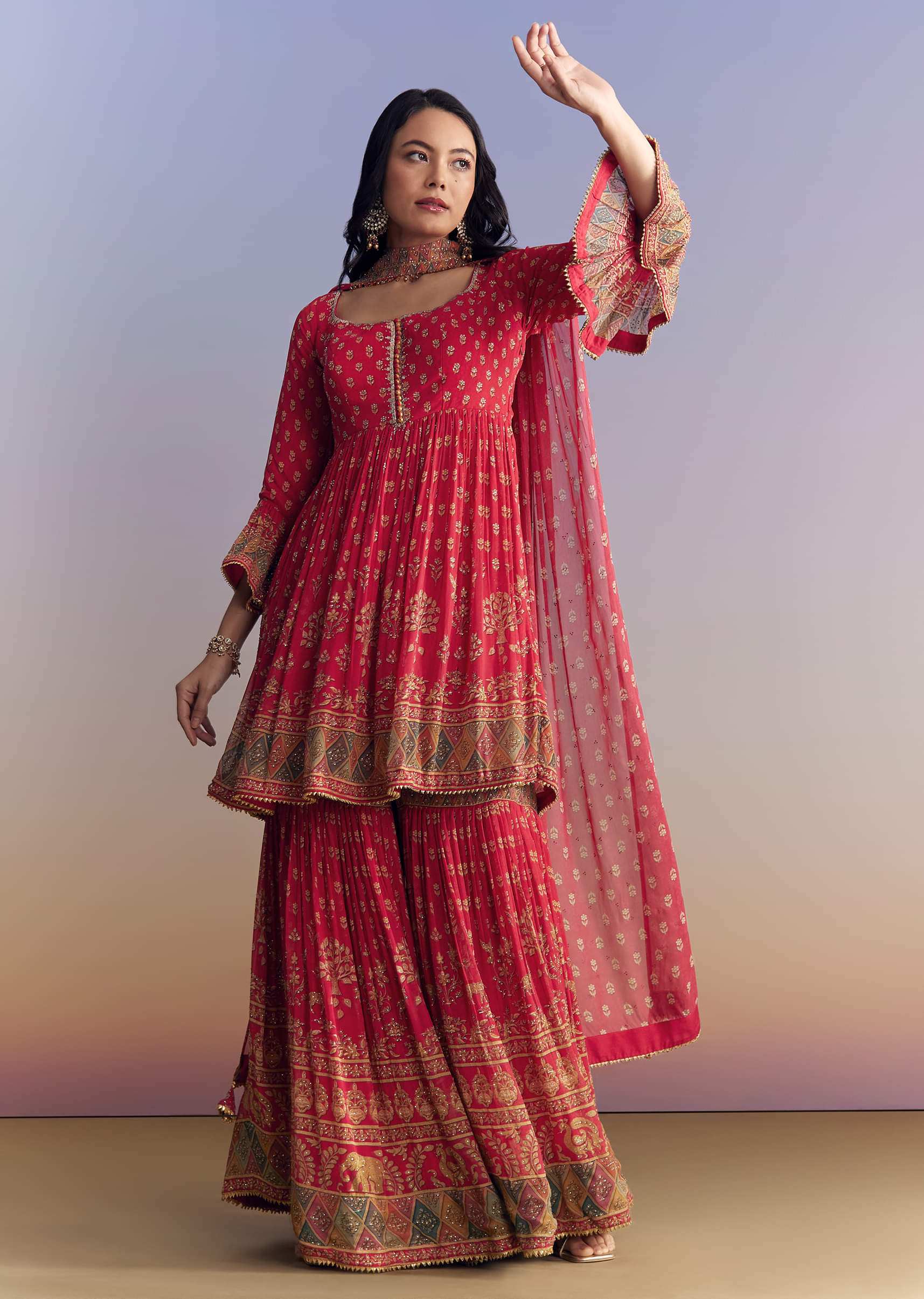 Pink Crepe Sharara Suit With Floral Print And Stone Work - Image 3