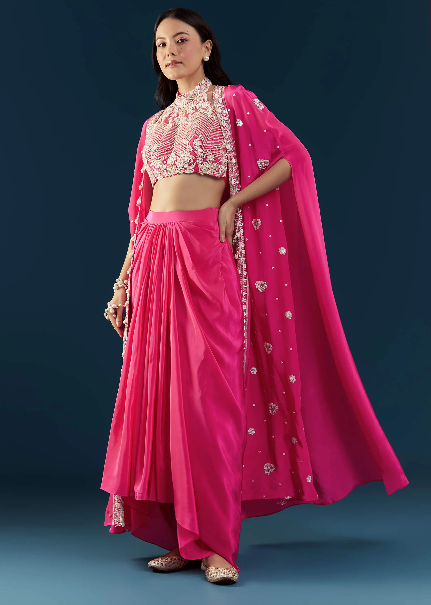 Pink Crop Top Skirt Set with Cape - Image 3