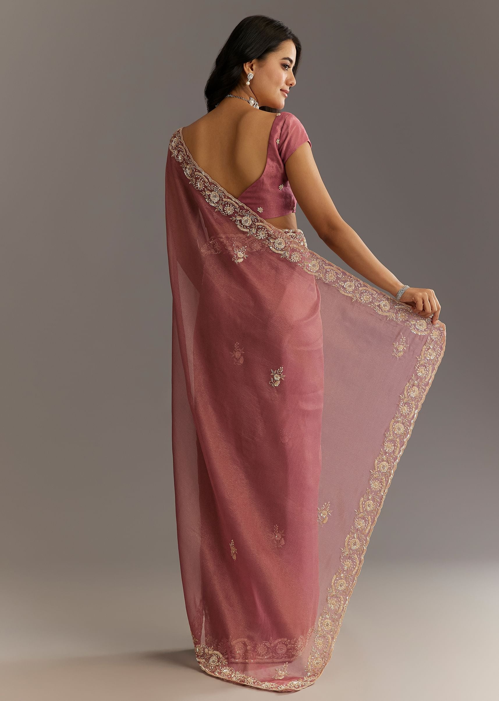 Pink Crushed Tissue Floral Embroidered Saree With Cutdana And Sequins - Image 6