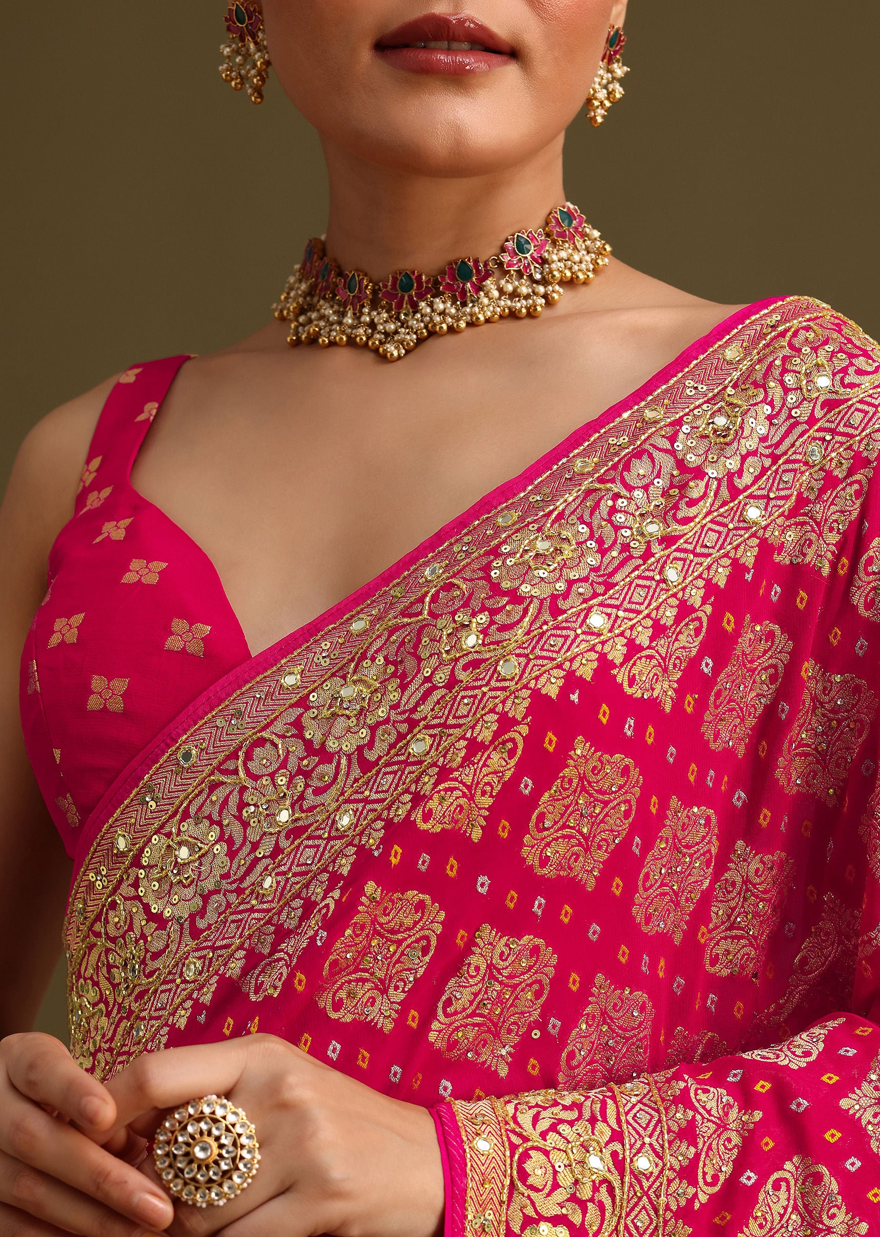 Pink Cutdana Embroidered Bandhani Weave Saree With Unstitched Blouse - Image 2