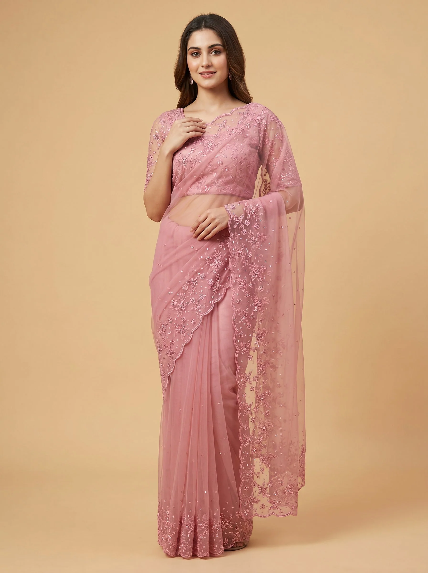 Pink Detailed Embroidered Saree