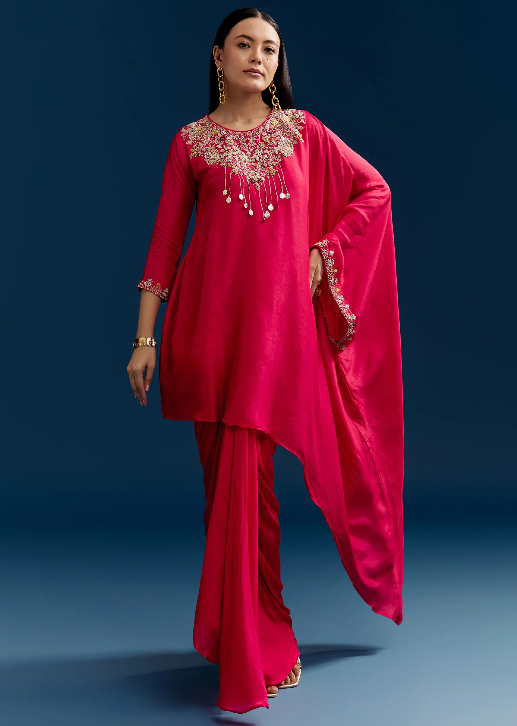 Pink Dola Silk Top Skirt Set With Zardosi Work - Image 3