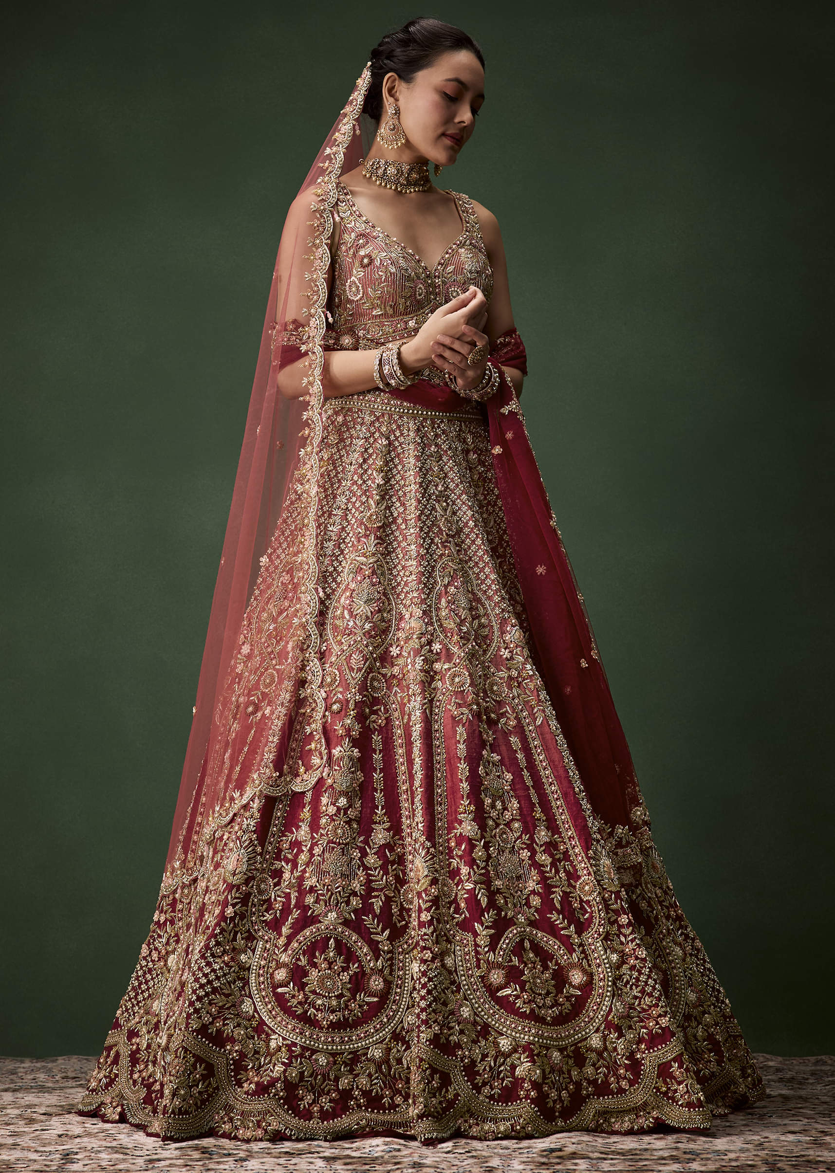 Pink Embroidered Bridal Raw Silk Lehenga Set with Two Dupattas - Image 4