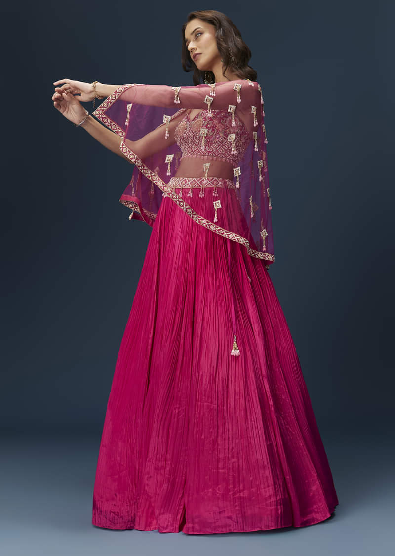 Pink Embroidered Bridesmaid Lehenga With Coordinated Cape And Blouse - Image 2