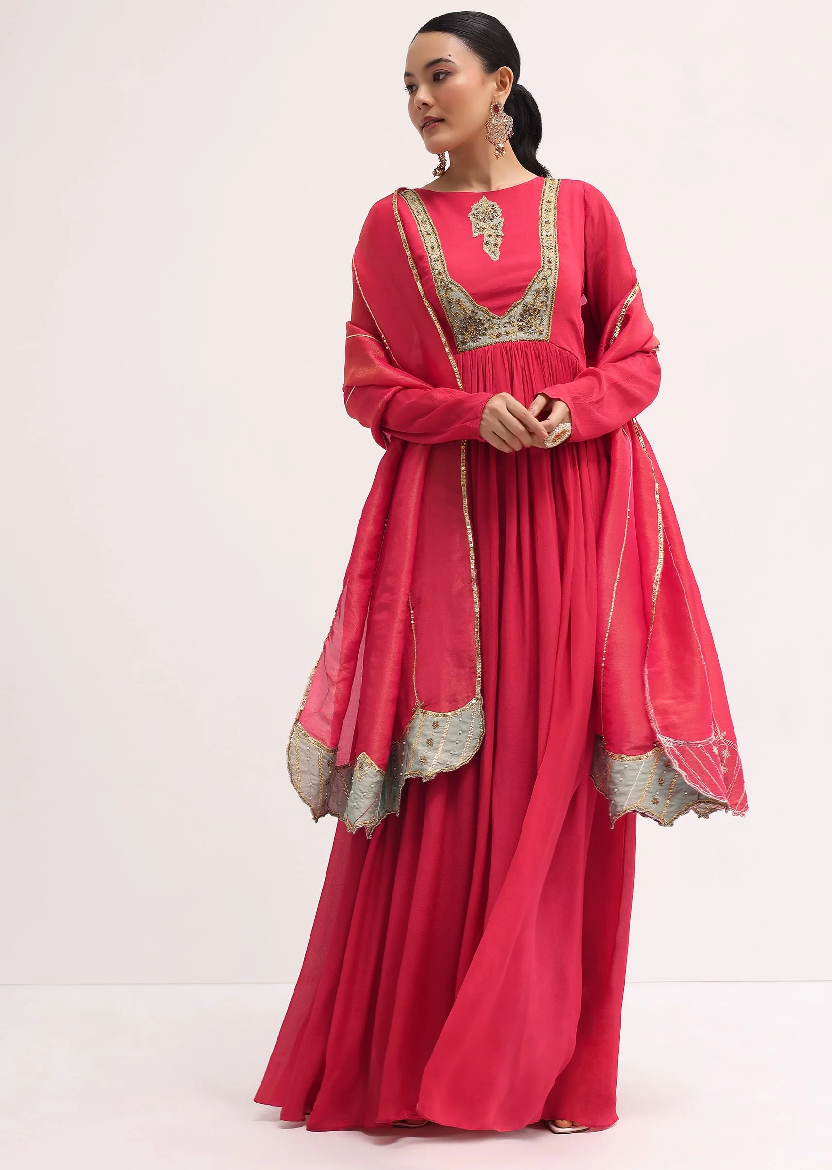 Pink Embroidered Chiffon Anarkali With Tissue Dupatta - Image 3
