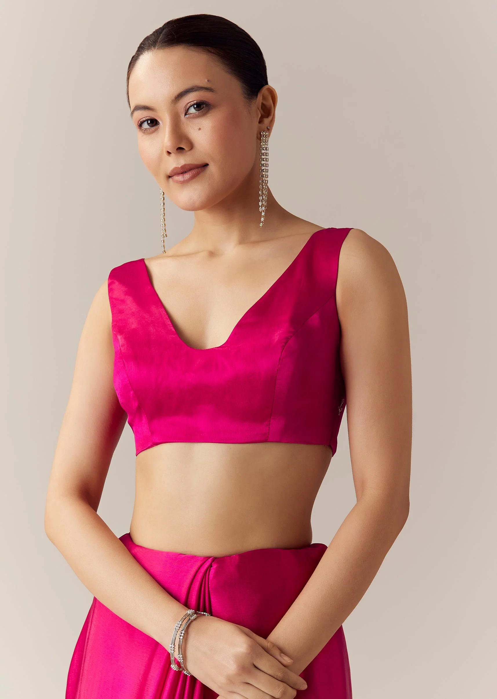 Pink Embroidered Chinon Saree with Unstitched Blouse - Image 7
