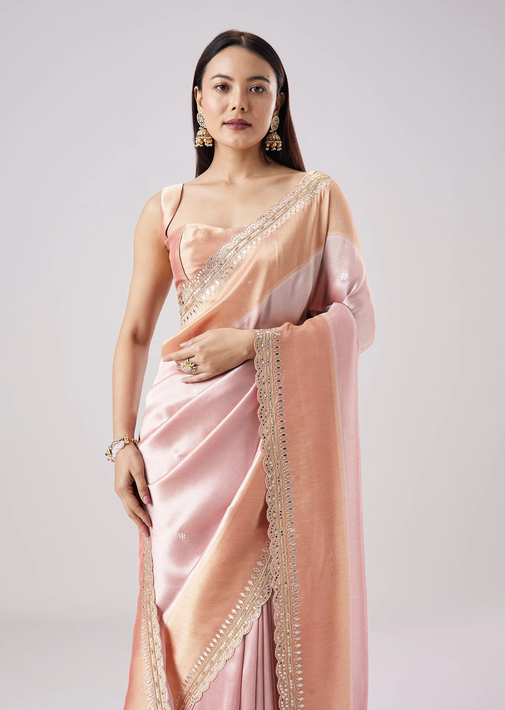Pink Embroidered Contrast Border Saree With Unstitched Blouse - Image 5