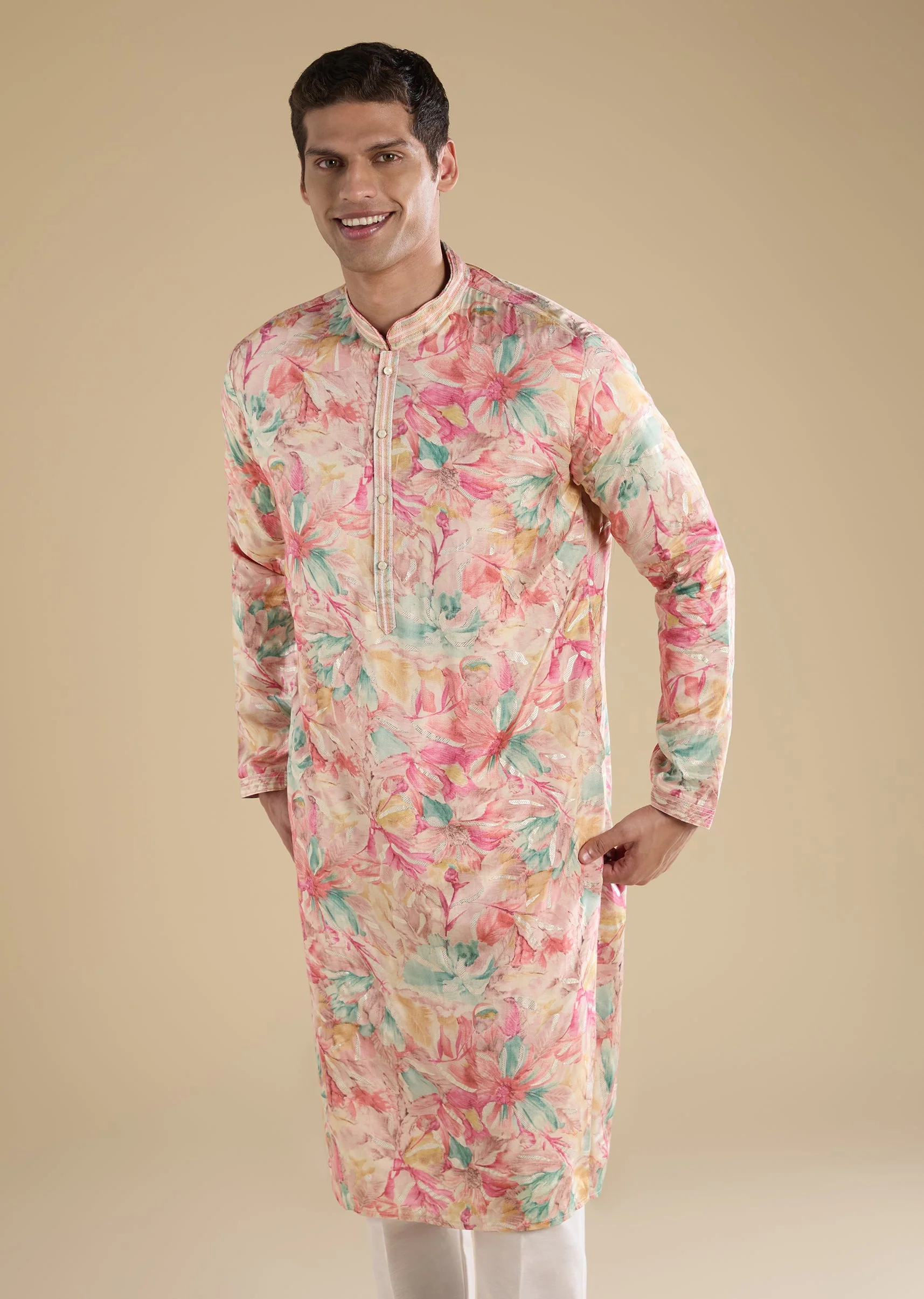 Pink Embroidered Floral Printed Kurta Set - Image 4