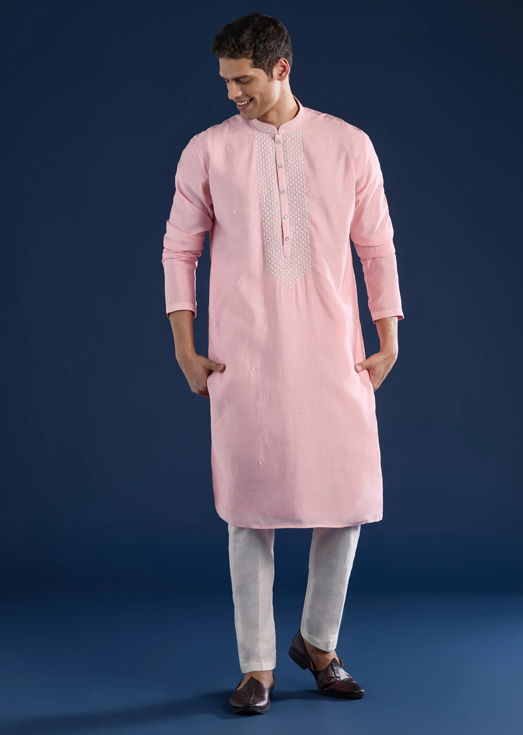 Pink Embroidered Kurta Set For Men - Image 4