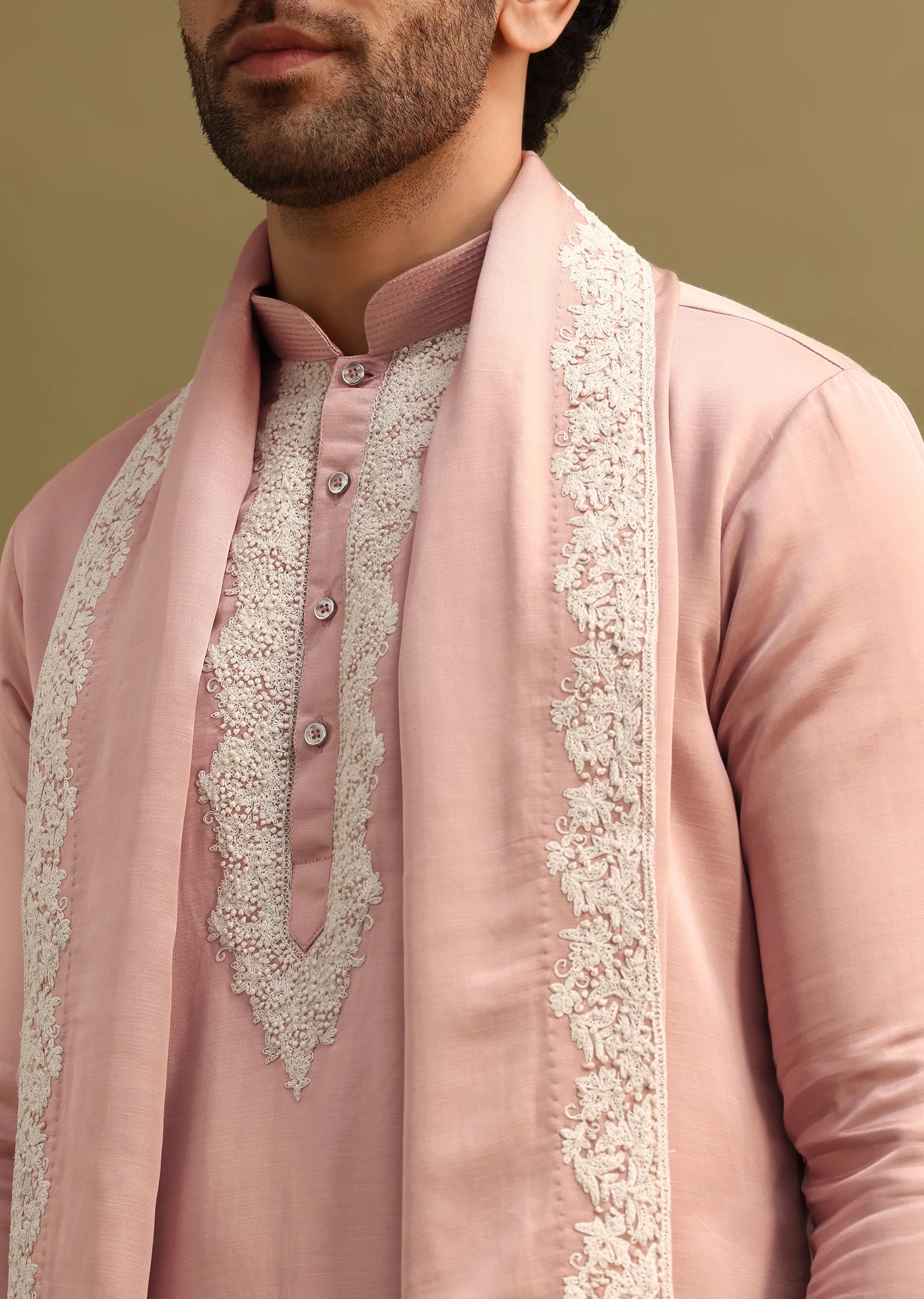 Pink Embroidered Kurta With Dupatta Set For Men - Image 2