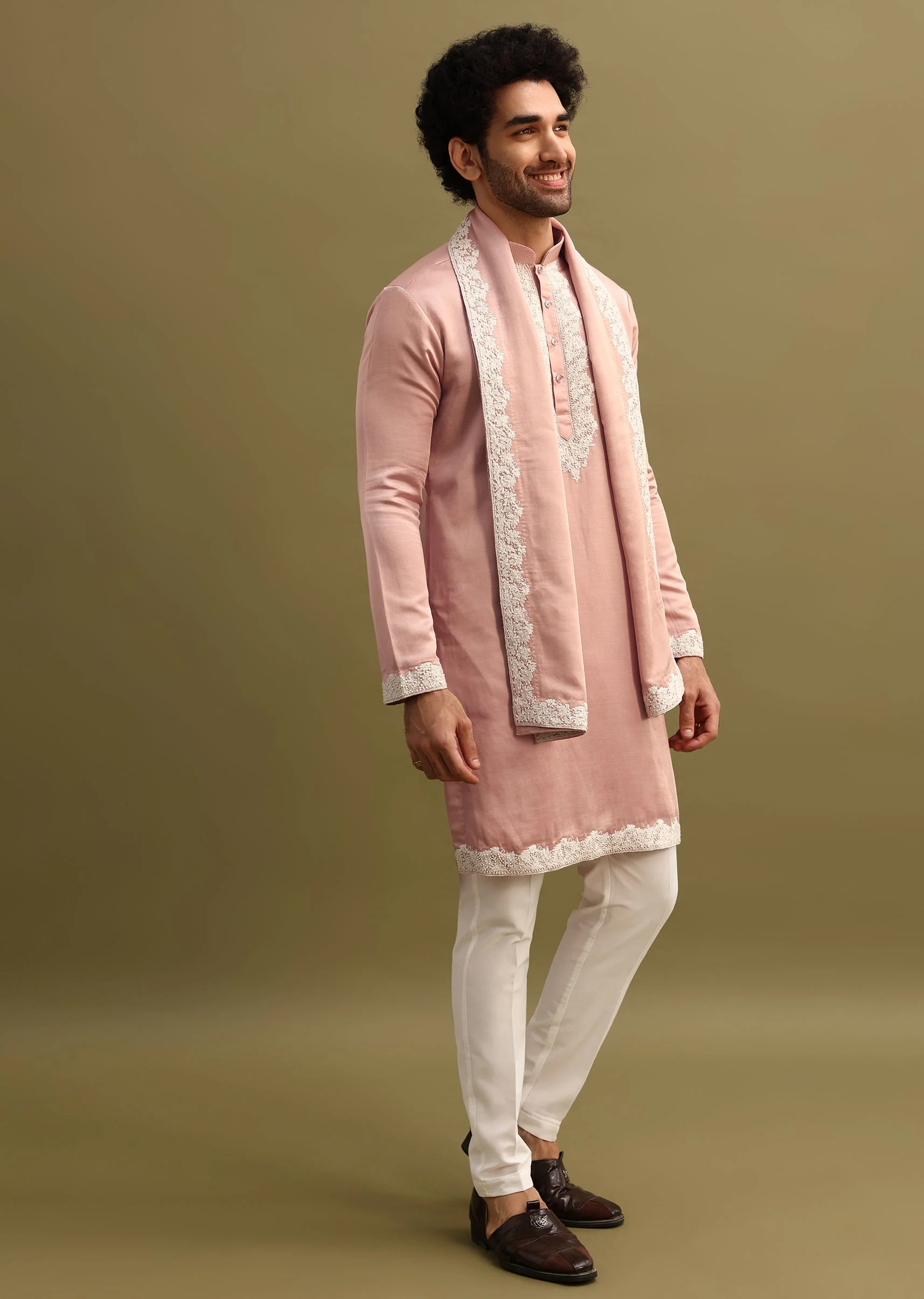 Pink Embroidered Kurta With Dupatta Set For Men - Image 3