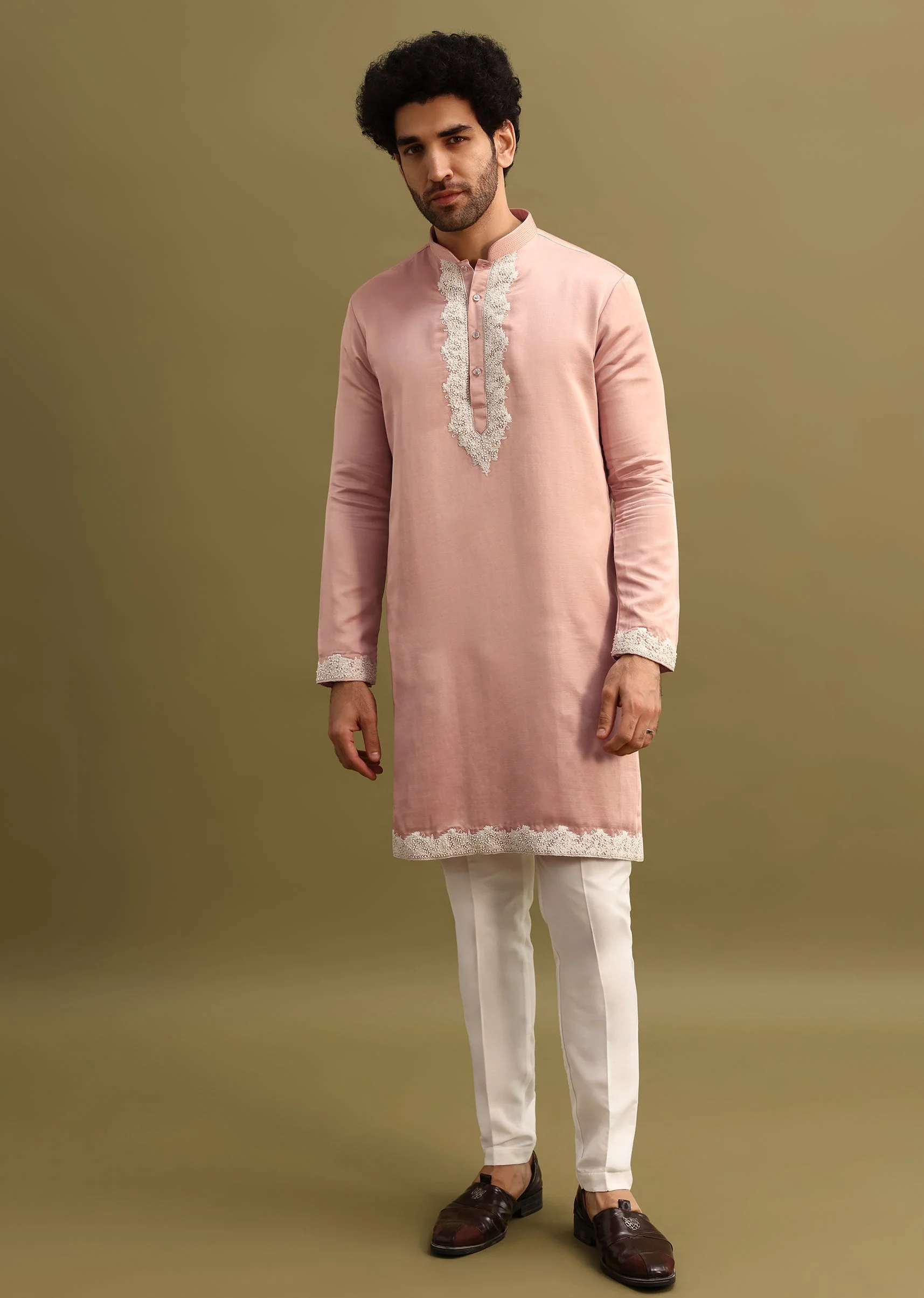 Pink Embroidered Kurta With Dupatta Set For Men - Image 7