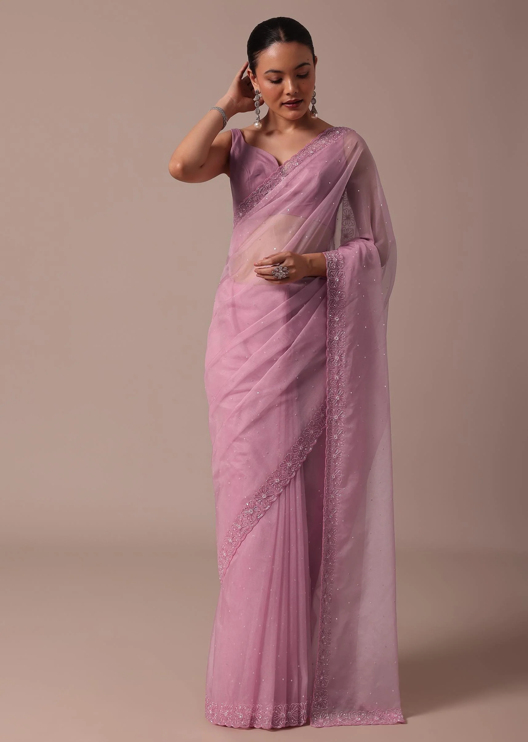 Pink Embroidered Organza Saree With Unstitched Blouse - Image 3