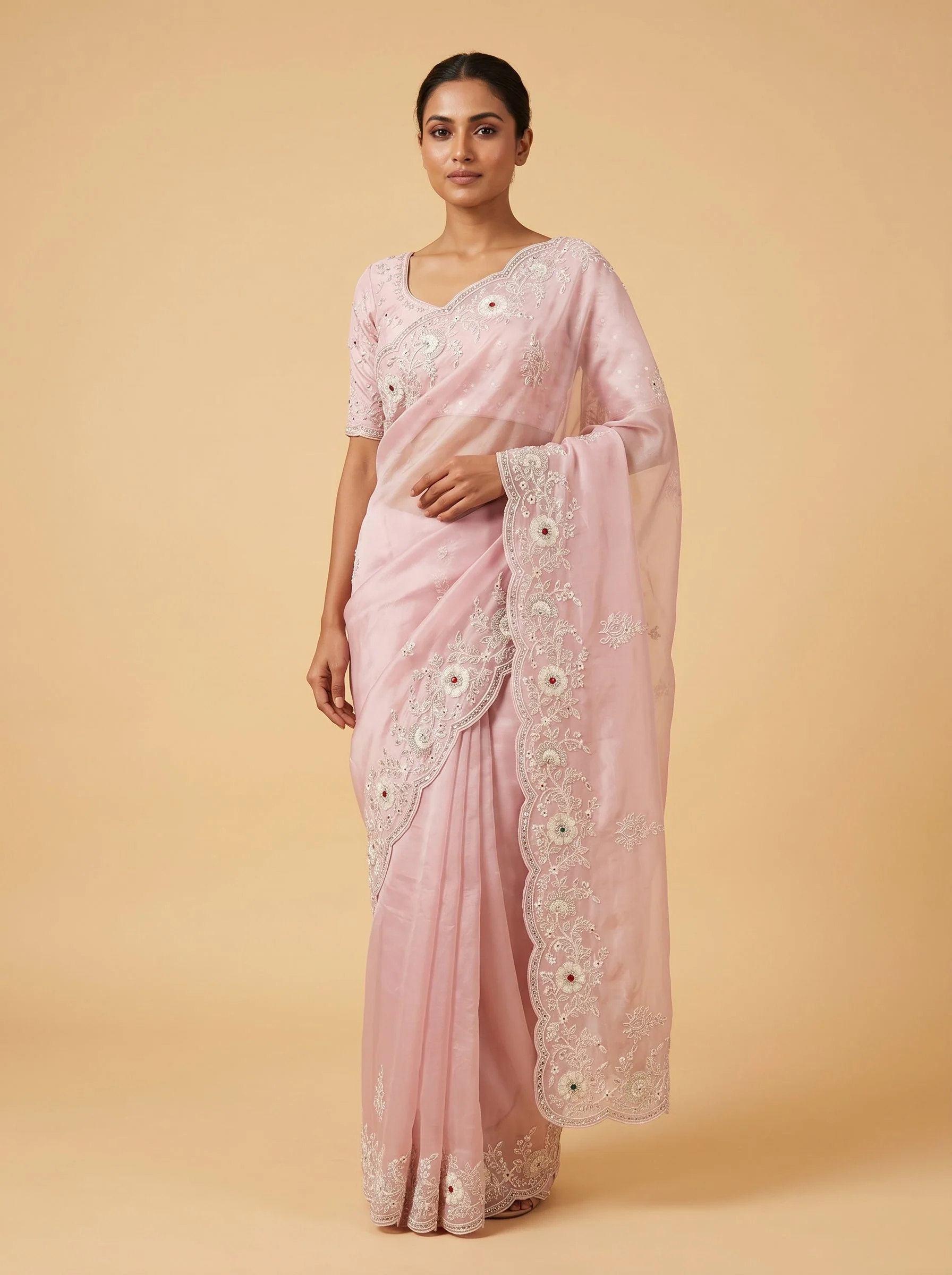 Pink embroidered saree with soft work