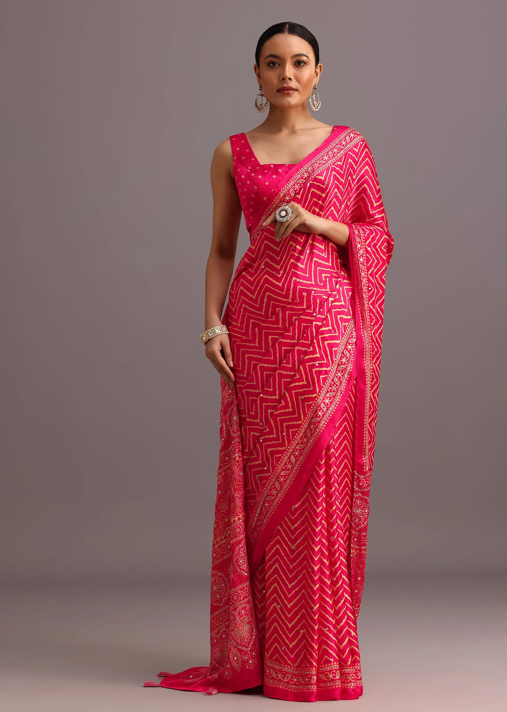 Pink Embroidered Satin Ajrakh Block Print Saree With Mirror Work - Image 3